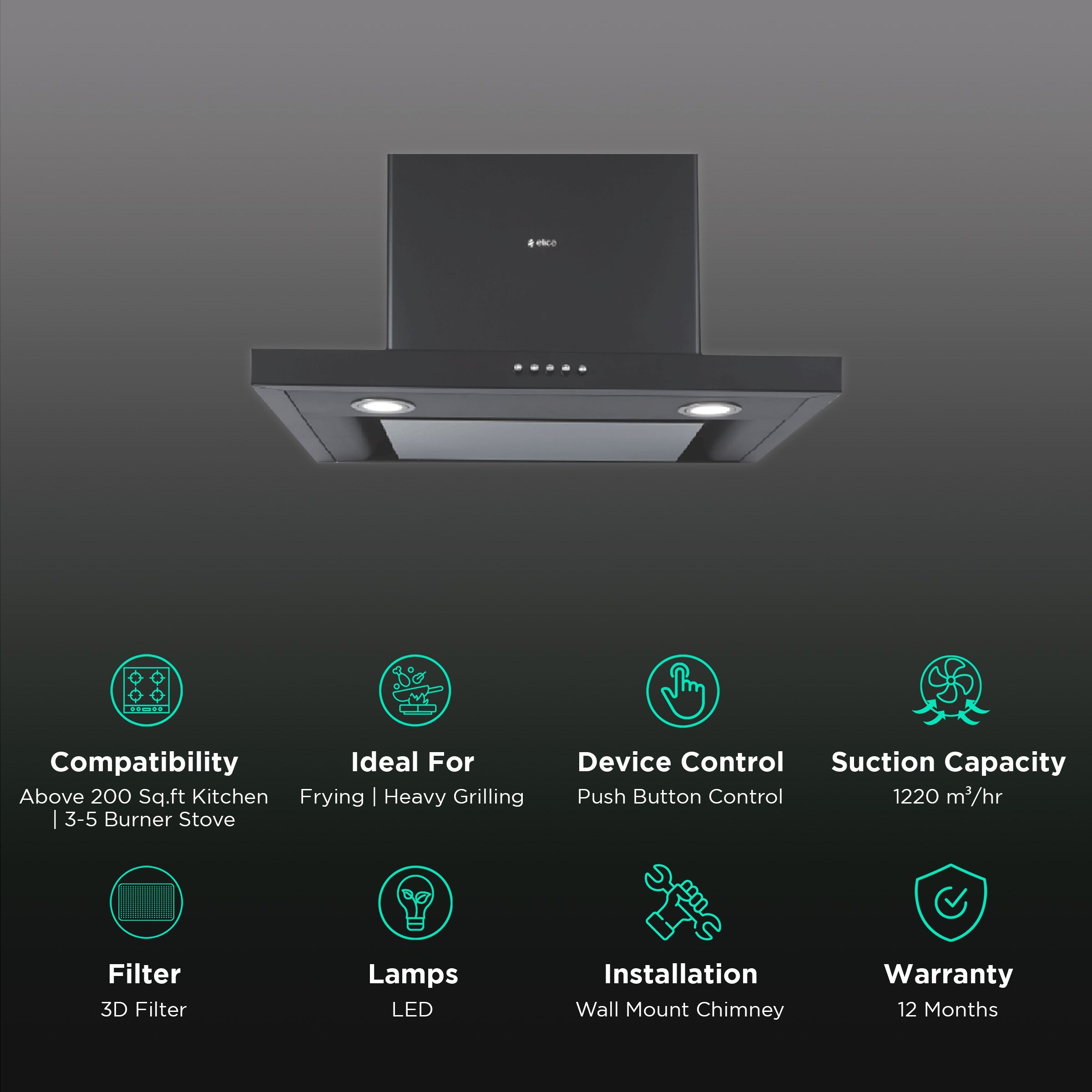 elica SPOT H4 EDS HE LTW NERO PB 90cm 1220m3/hr Ducted Wall Mounted Chimney with Push Button Control (Black)_3