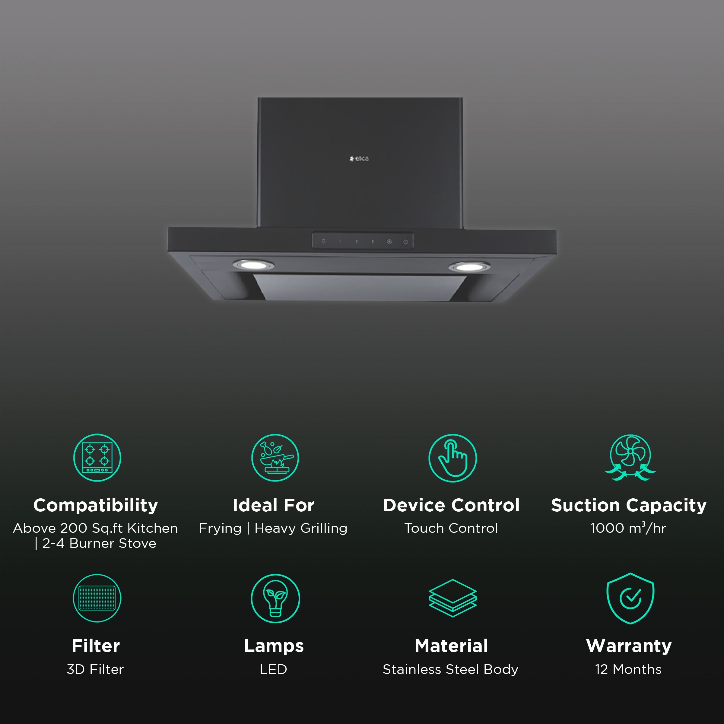 elica SPOT H4 TRIM EDS HE LTW NERO T4V 60cm 1000m3/hr Ducted Wall Mounted Chimney with Touch Control (Black)_3