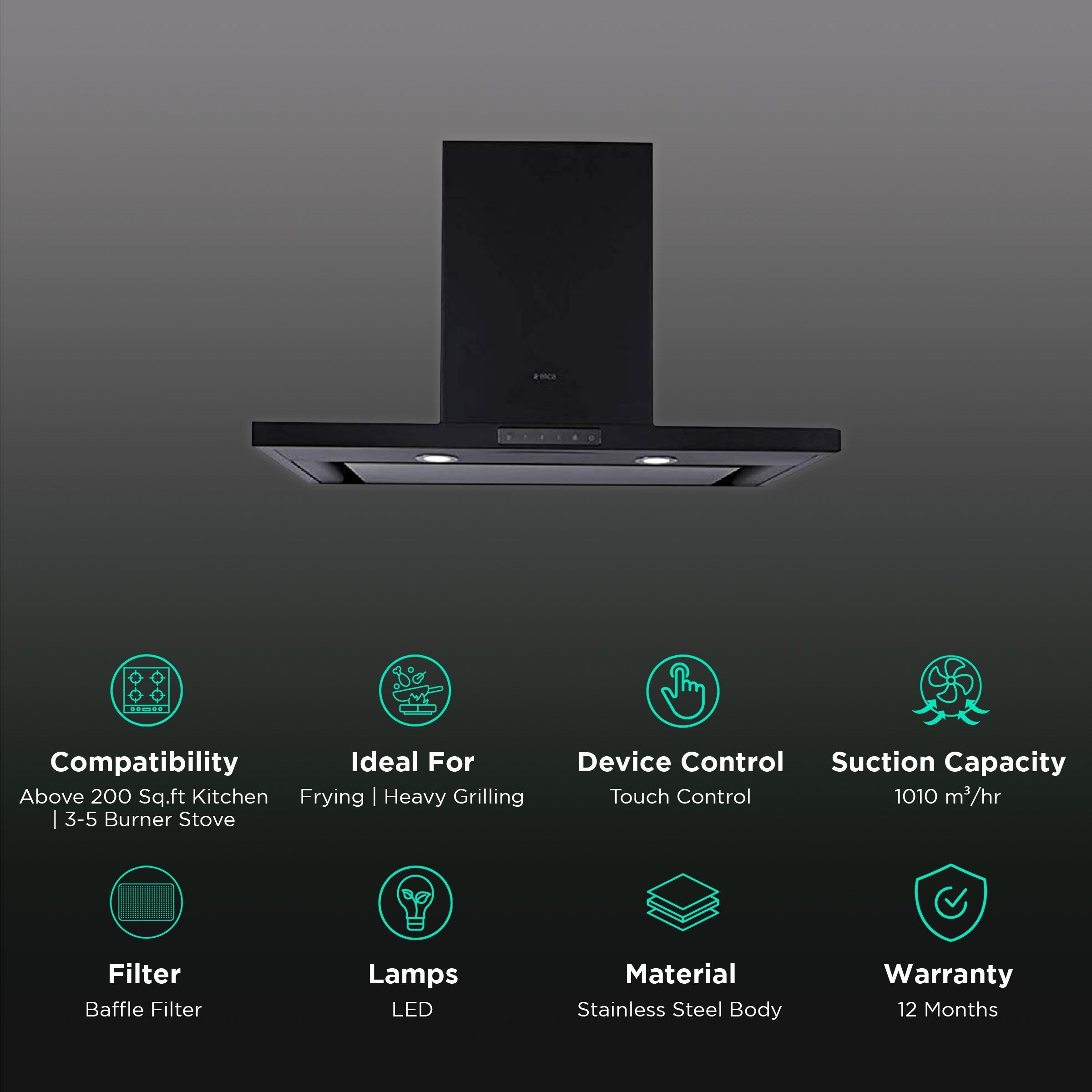 elica SPOT H4 TRIM EDS HE LTW 90 NERO T4V 90cm 1010m3/hr Ducted Wall Mounted Chimney with Touch Control (Black)_3