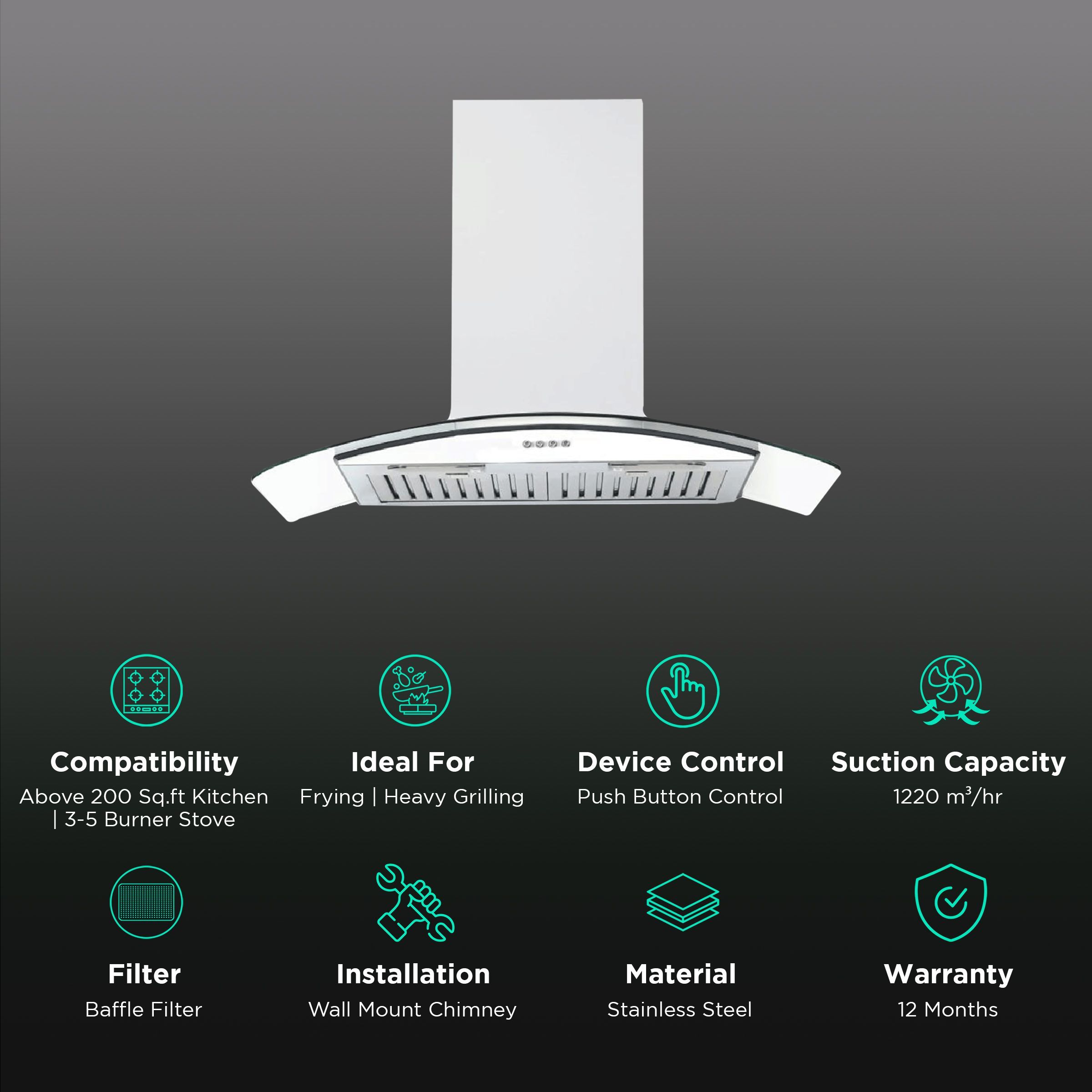 elica GLACE ETB PLUS 903 PB LED 90cm 1220m3/hr Ducted Wall Mounted Chimney with Push Button Control (Silver)_3