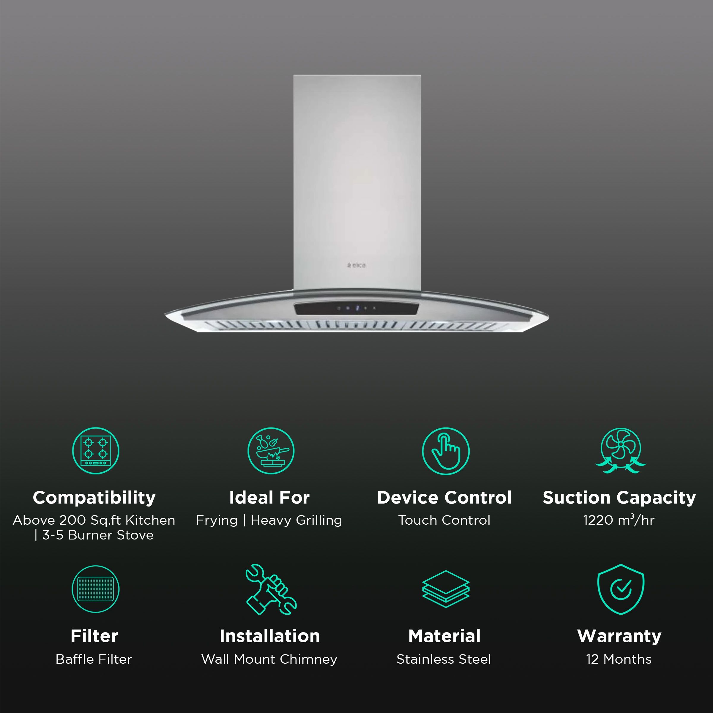 elica GLACE TRIM ETB PLUS LTW 903 TC3V 90cm 1220m3/hr Ductless Wall Mounted Chimney with Touch Control Panel (Steel)_3