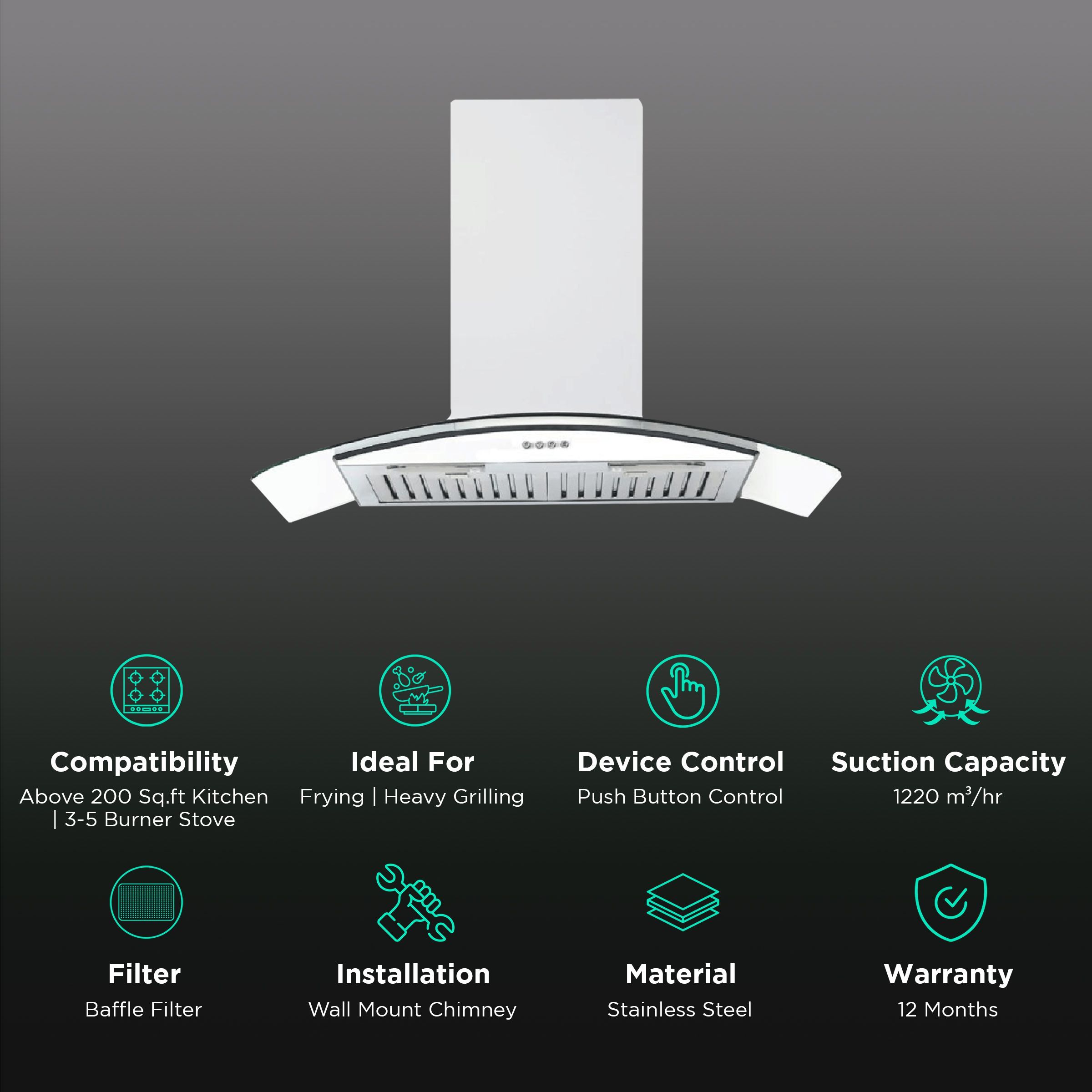 elica GLACE ISLAND ETB PLUS LTW 90 PB LED 90cm 1220m3/hr Ductless Wall Mounted Chimney with Push Button Control (Silver)_3