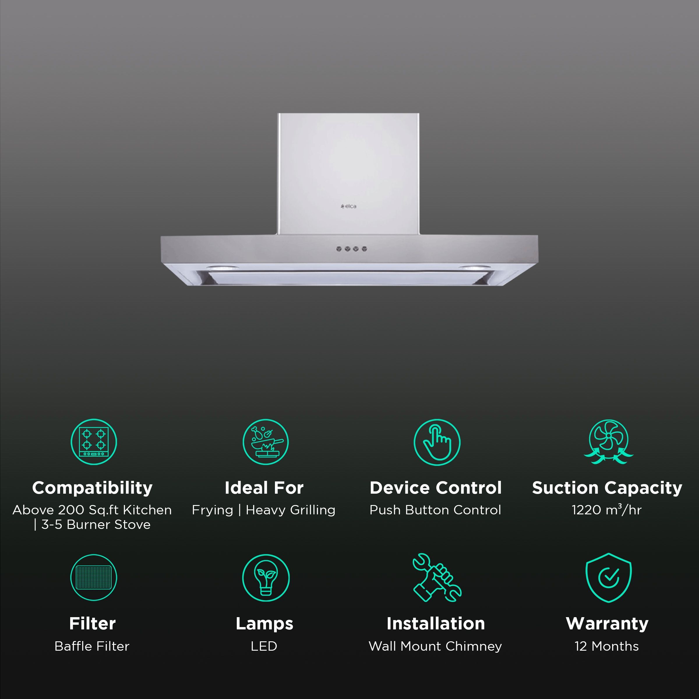 elica SPOT NG ISLAND ETB PLUS 90 NERO PB LED 90cm 1220m3/hr Ducted Wall Mounted Chimney with Push Button Control (Black)_3