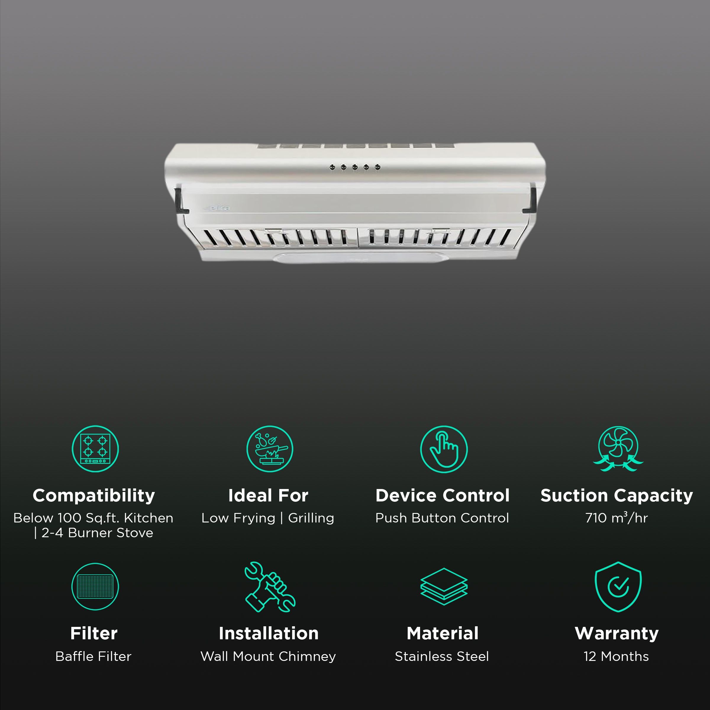 elica FS 301 SS LTW 60cm 710m3/hr Ducted Wall Mounted Chimney with Push Button Control (Silver)_3