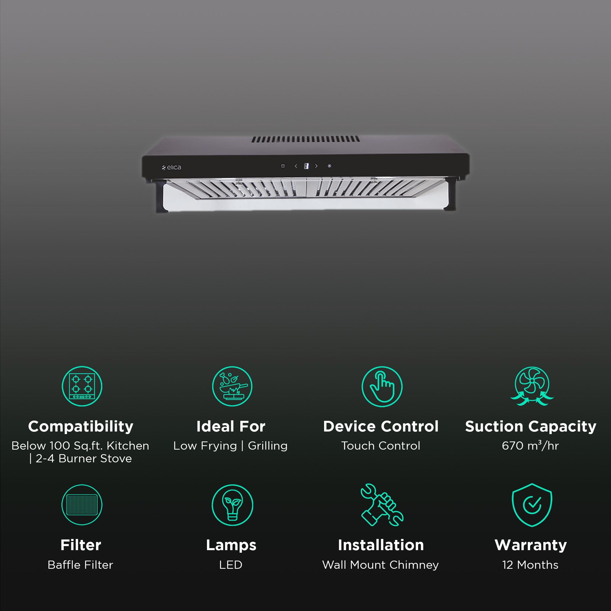 elica TNT 602 Touch BK 60cm 670m3/hr Ducted Auto Clean Wall Mounted Chimney with Touch Control Panel (Black)_3