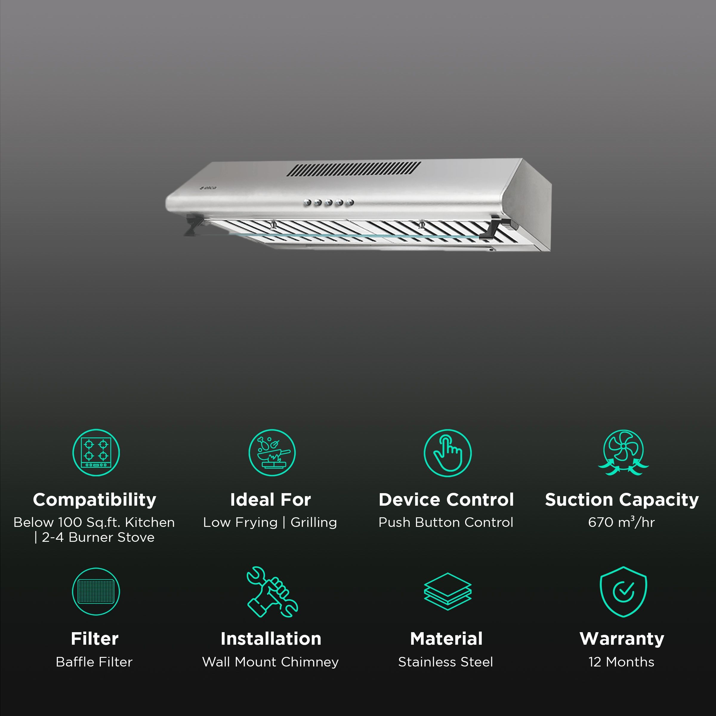 elica CBF 602 SS 60cm 670m3/hr Ducted Wall Mounted Chimney with Push Button Control (Stainless Steel)_3