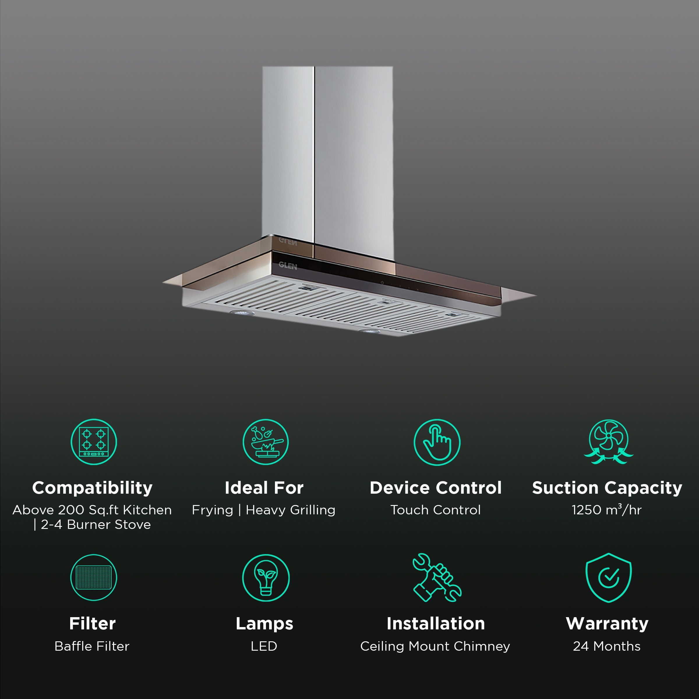 GLEN GL 6062 TS 60cm 1250m3/hr Ductless Ceiling Mounted Chimney with Touch Control Sensor (Silver)_3
