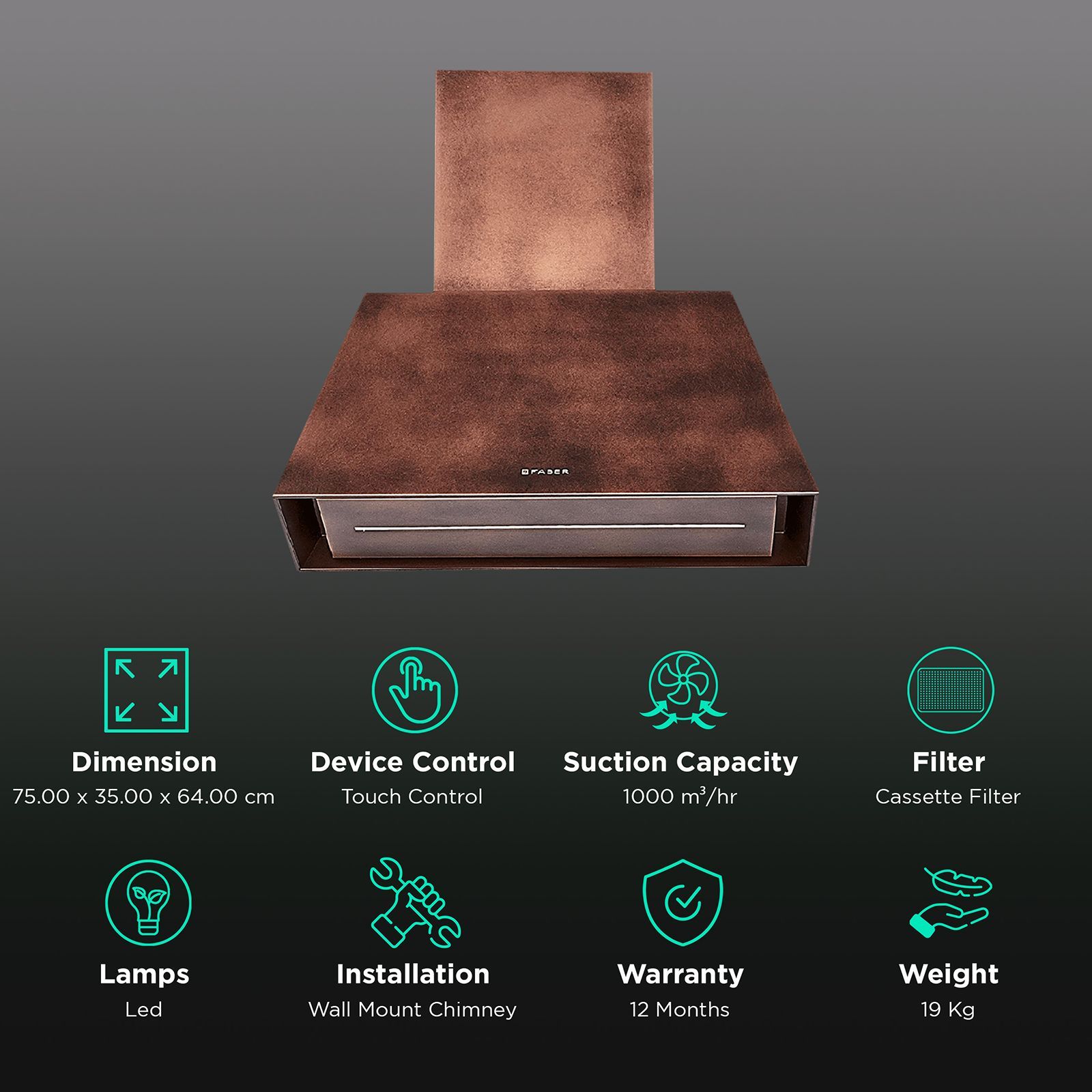 FABER Chloe Evo Plus Old 75cm 1000m3/hr Ducted Wall Mounted Chimney with Cassette Filter (Copper)_3