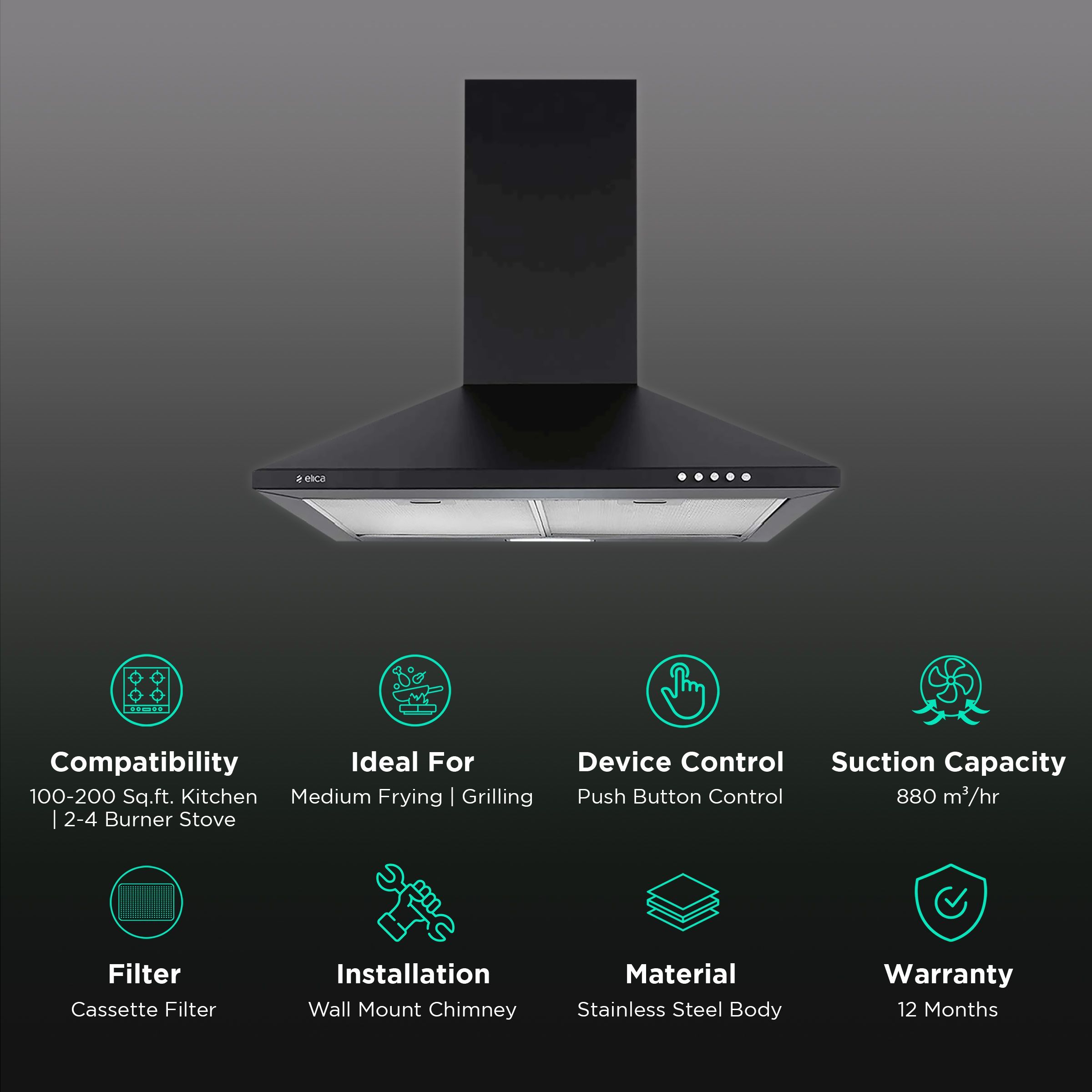 elica STRIP CF 60 NERO 60cm 880m3/hr Ducted Wall Mounted Chimney with Push Button Control (Black)_3