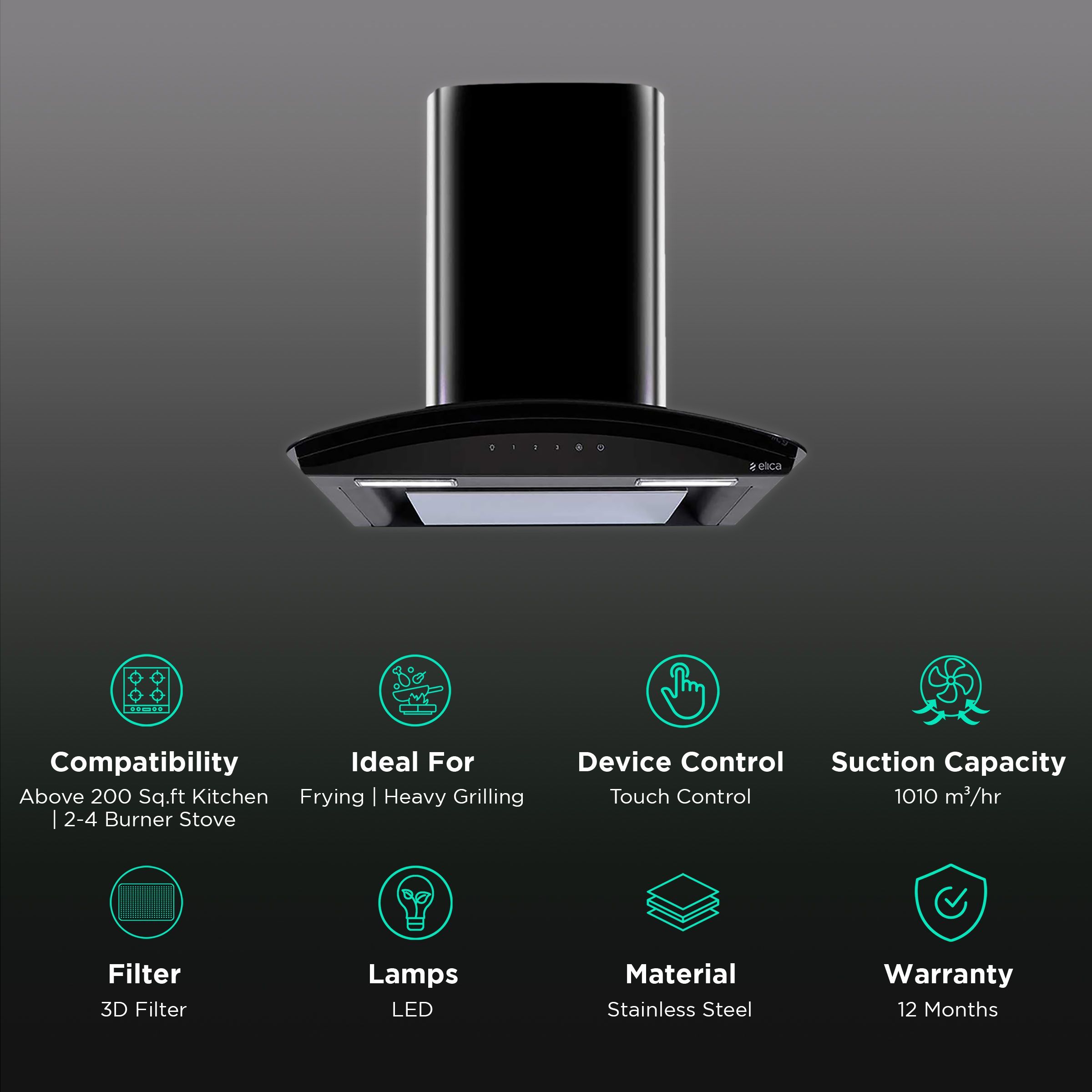 elica GLACE EDS 60 BK NERO T4V LED 60cm 1010m3/hr Ducted Wall Mounted Chimney with Touch Control Panel (Black)_3