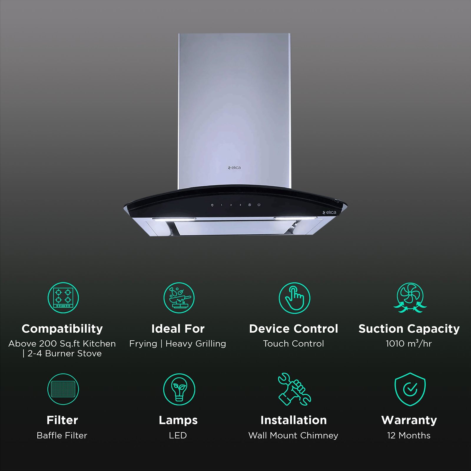 elica GLACE EDS HE LTW 60 BK NERO T4V LED 60cm 1010m3/hr Ducted Wall Mounted Chimney with Touch Control Panel (Silver)_3