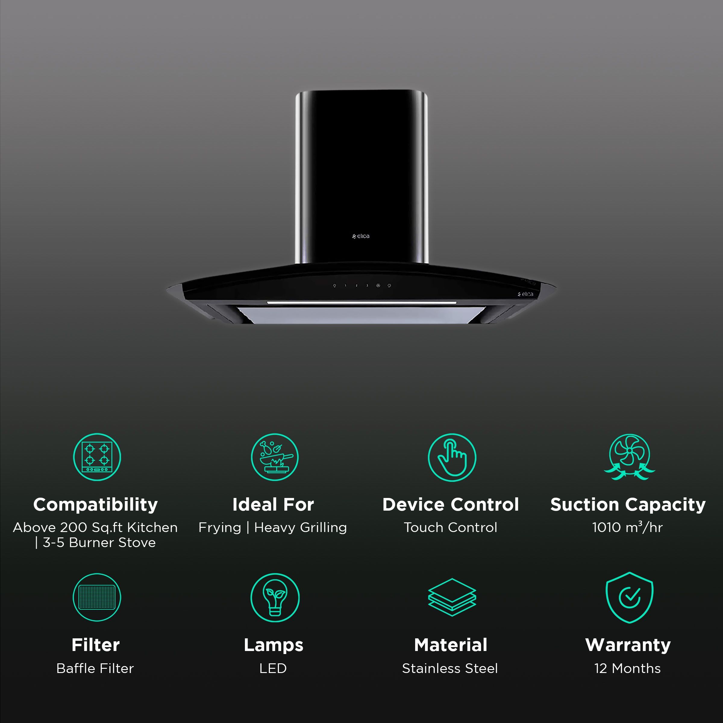 elica GLACE EDS HE LTW 90 BK NERO T4V LED S 90cm 1010m3/hr Ductless Wall Mounted Chimney with Touch Control Panel (Black)_3