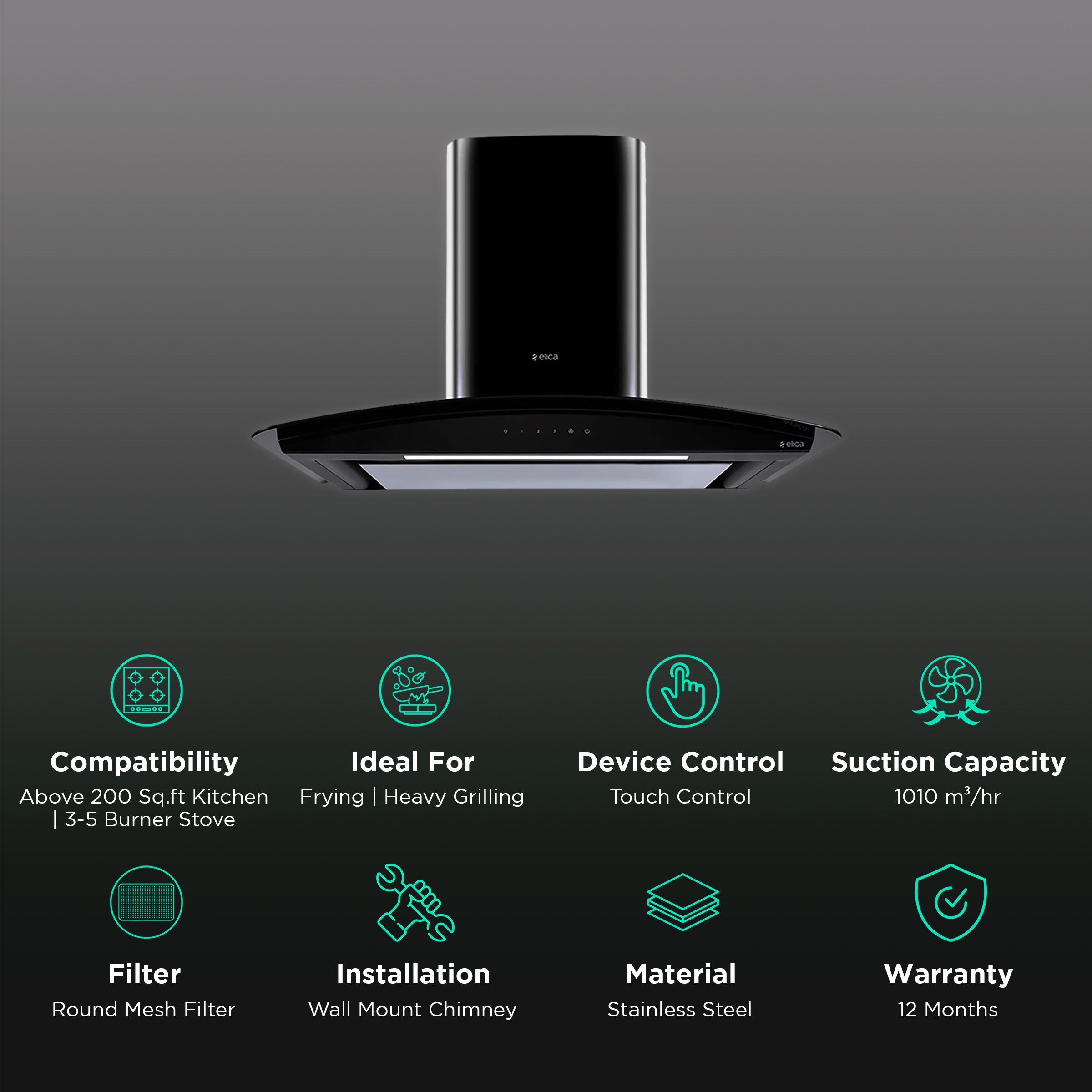 elica GLACE EDS HE LTW 90 BK T4V LED 90cm 1010m3/hr Ducted Wall Mounted Chimney with Touch Control Panel (Silver) elica GLACE EDS HE LTW 90 BK T4V LED 90cm 1010m3/hr Ducted Wall Mounted Chimney with Touch Control Panel (Silver)_3