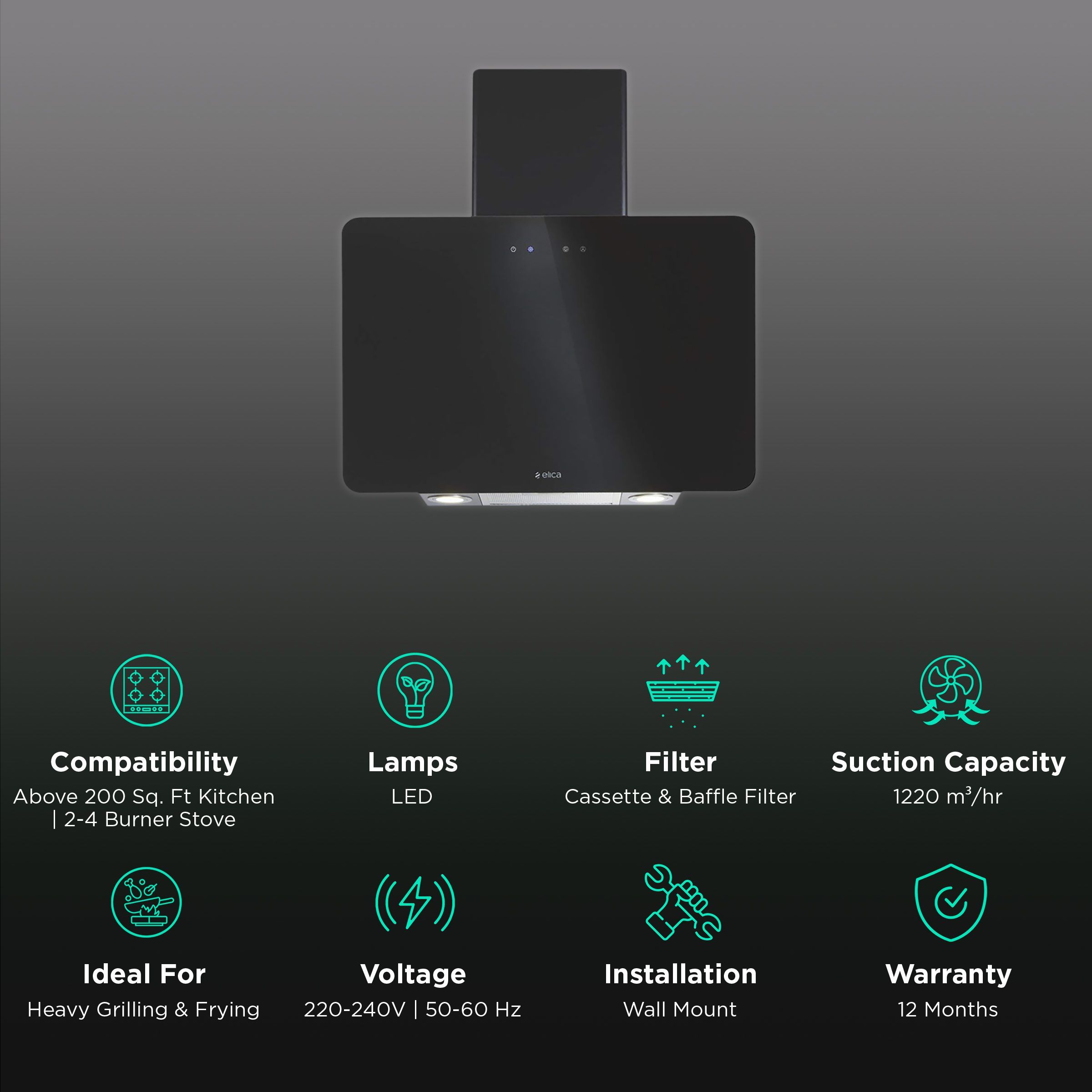 elica KITTY ETB HE LTW 60 BK T4V LED 60cm 1220m3/hr Ducted Wall Mounted Chimney with Monobloc Glass Design (Black) elica KITTY ETB HE LTW 60 BK T4V LED 60cm 1220m3/hr Ducted Wall Mounted Chimney with Monobloc Glass Design (Black)_3