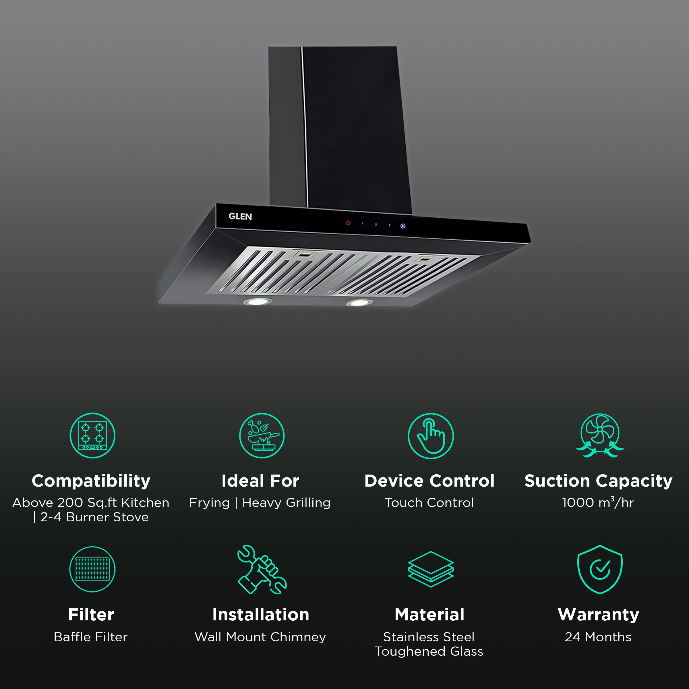 GLEN 6056 SX TS 60cm 1000m3/hr Ducted Wall Mounted Chimney with Touch Control Panel (Black) GLEN 6056 SX TS 60cm 1000m3/hr Ducted Wall Mounted Chimney with Touch Control Panel (Black)_3