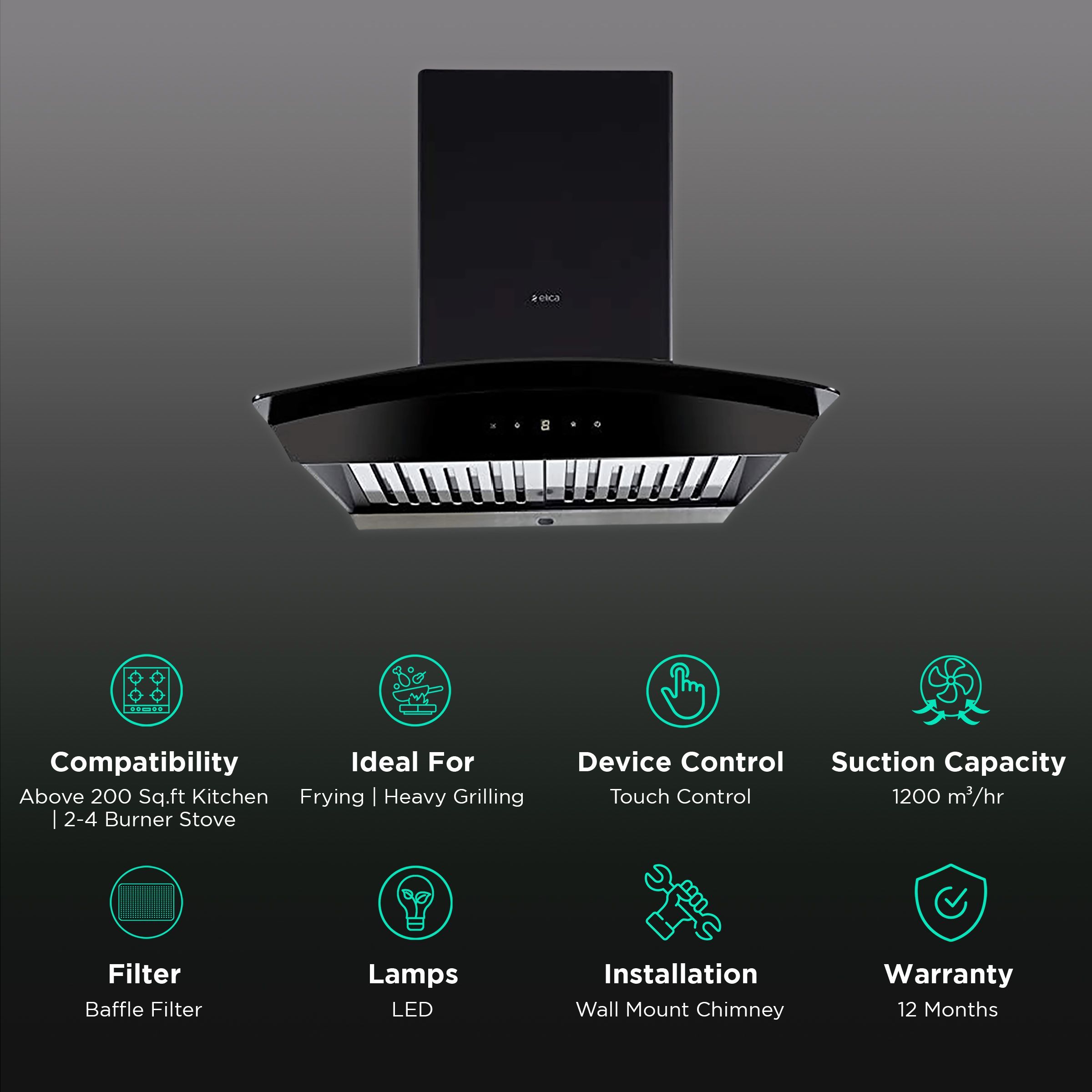 elica WDAT HAC 60 NERO 60cm 1200m3/hr Ducted Auto Clean Wall Mounted Chimney with Touch Control Panel (Black) elica WDAT HAC 60 NERO 60cm 1200m3/hr Ducted Auto Clean Wall Mounted Chimney with Touch Control Panel (Black)_3