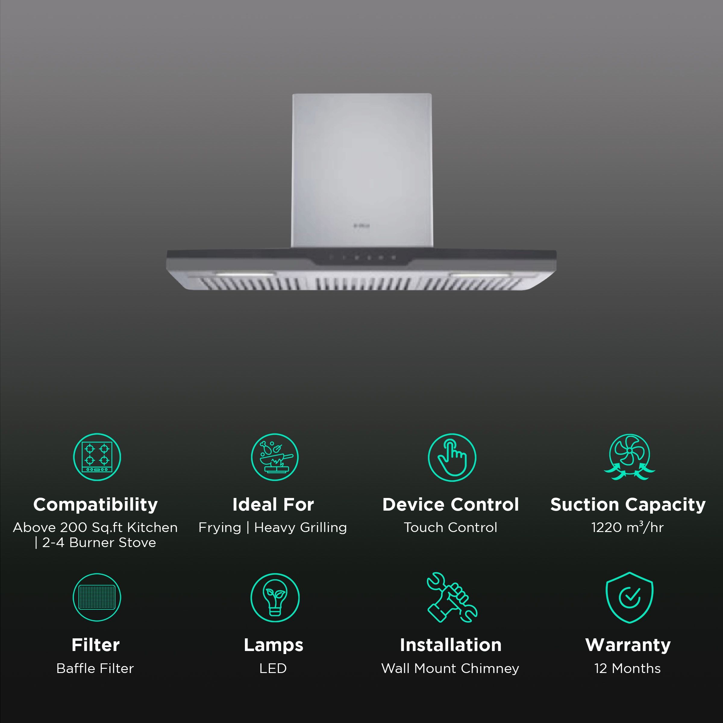 elica METEORITE ETB PLUS LTW 60 T4V LED 60cm 1220m3/hr Ducted Wall Mounted Chimney with Touch Control Panel (Silver) elica METEORITE ETB PLUS LTW 60 T4V LED 60cm 1220m3/hr Ducted Wall Mounted Chimney with Touch Control Panel (Silver)_3