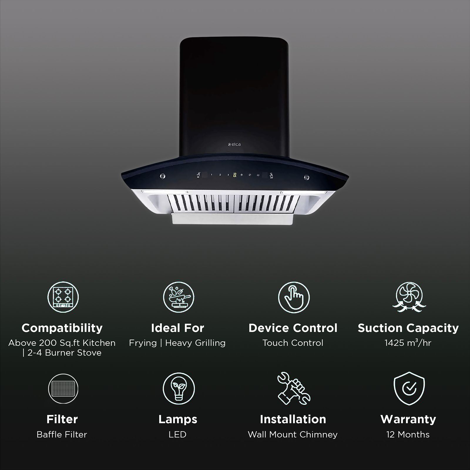 elica WD TBF HAC 60 MS NERO 60cm 1425m3/hr Ducted Auto Clean Wall Mounted Chimney with Touch Control Panel (Black)_3
