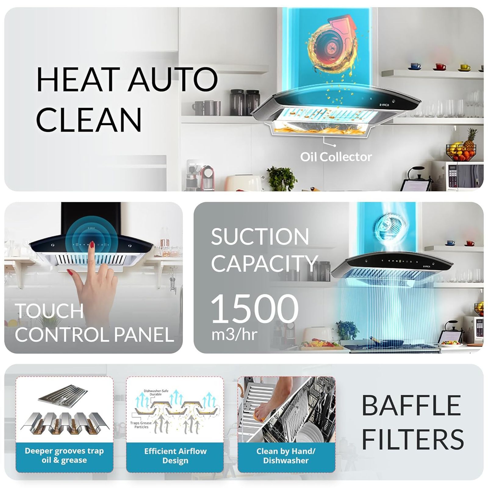 elica WD TBF HAC 60 MS NERO 60cm 1425m3/hr Ducted Auto Clean Wall Mounted Chimney with Touch Control Panel (Black)_5