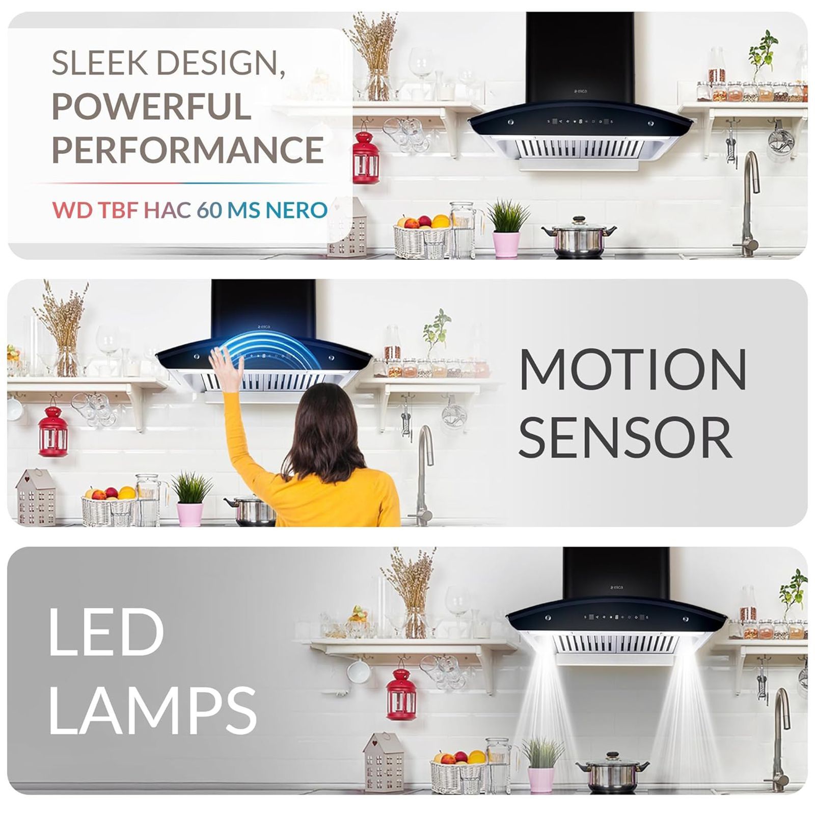 elica WD TBF HAC 60 MS NERO 60cm 1425m3/hr Ducted Auto Clean Wall Mounted Chimney with Touch Control Panel (Black)_6