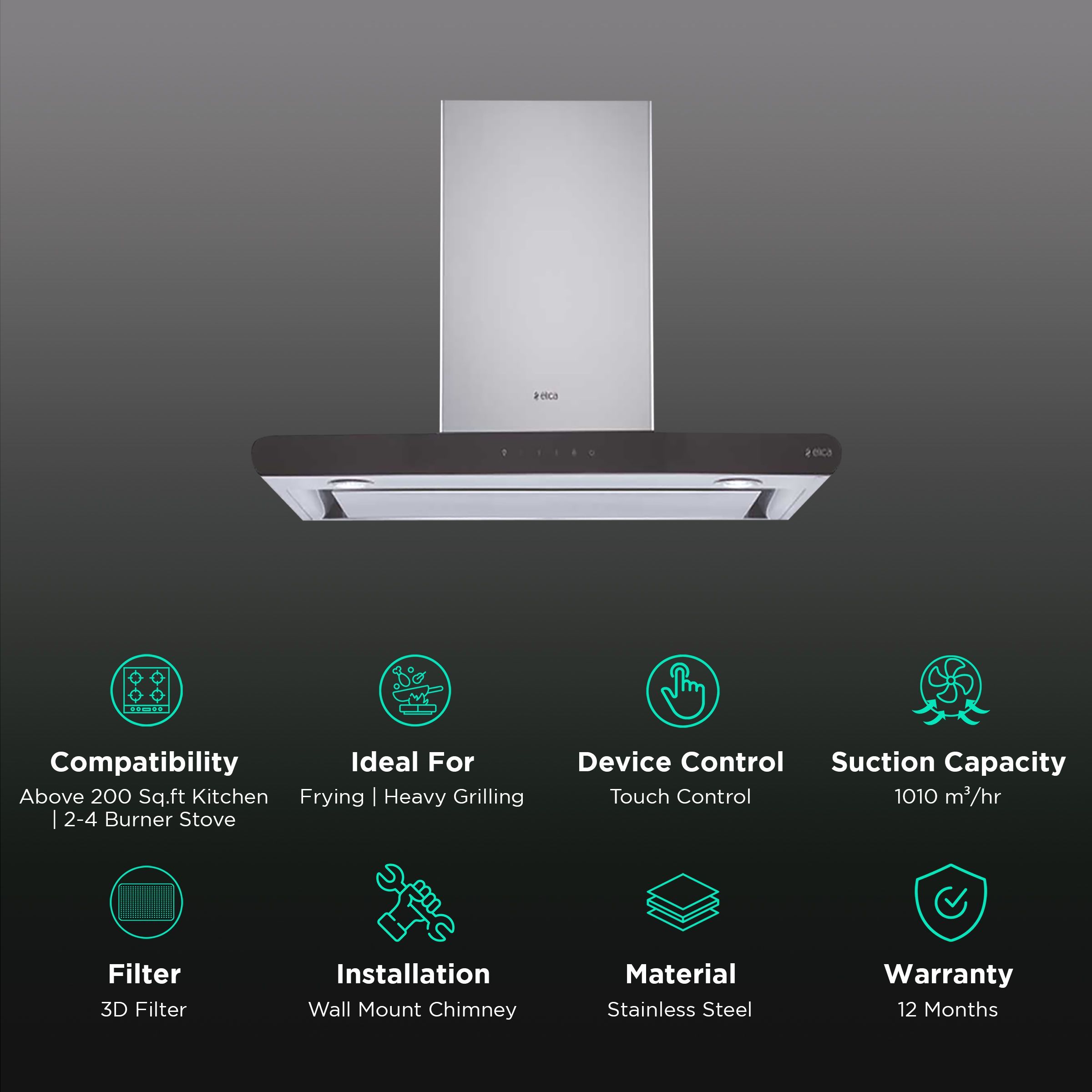 elica GALAXY EDS HE LTW 60 T4V LED 60cm 1010m3/hr Ducted Wall Mounted Chimney with Touch Control Panel (Stainless Steel)_3