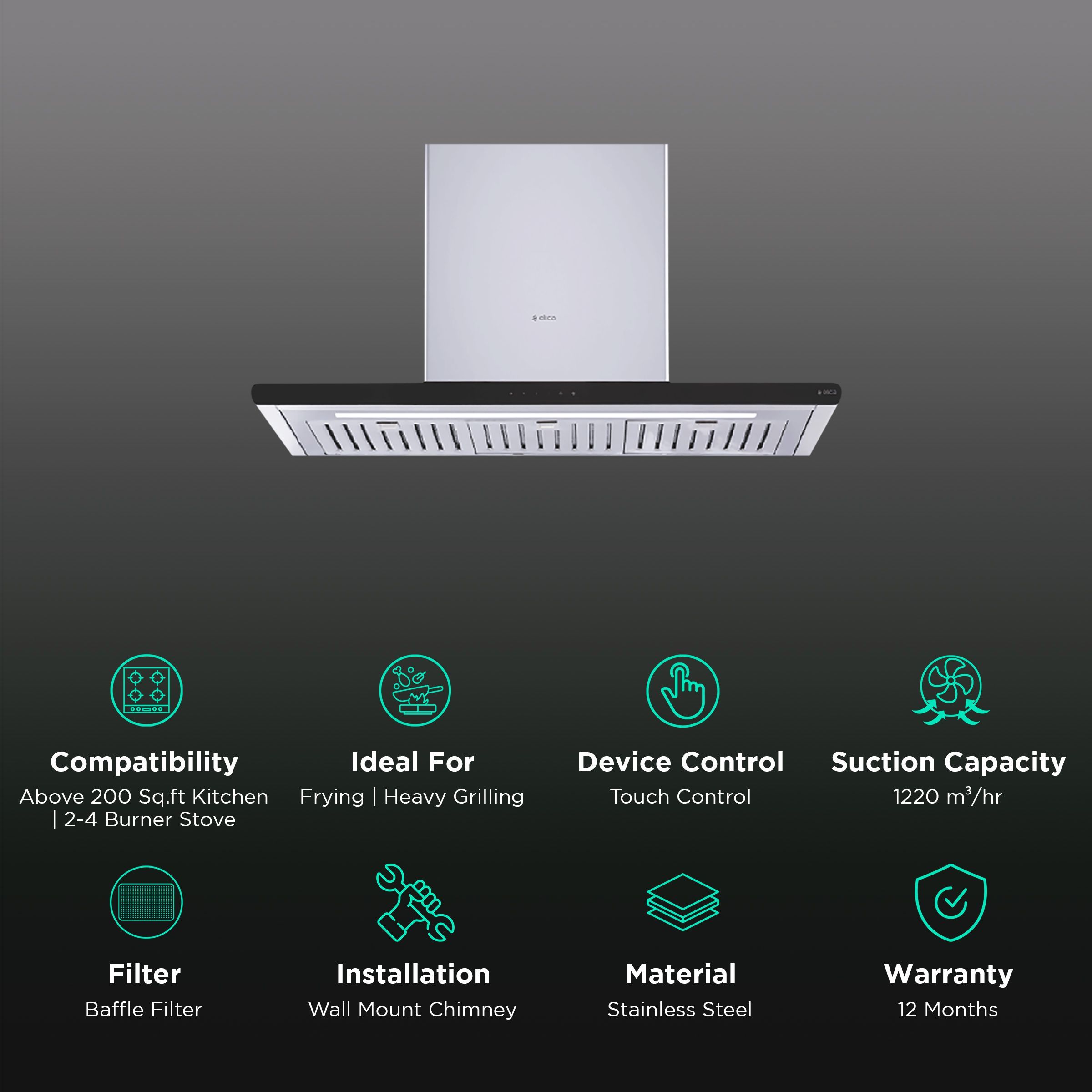 elica GALAXY ETB PLUS LTW 60 T4V LED 60cm 1220m3/hr Ducted Wall Mounted Chimney with Touch Control Panel (Stainless Steel)_3