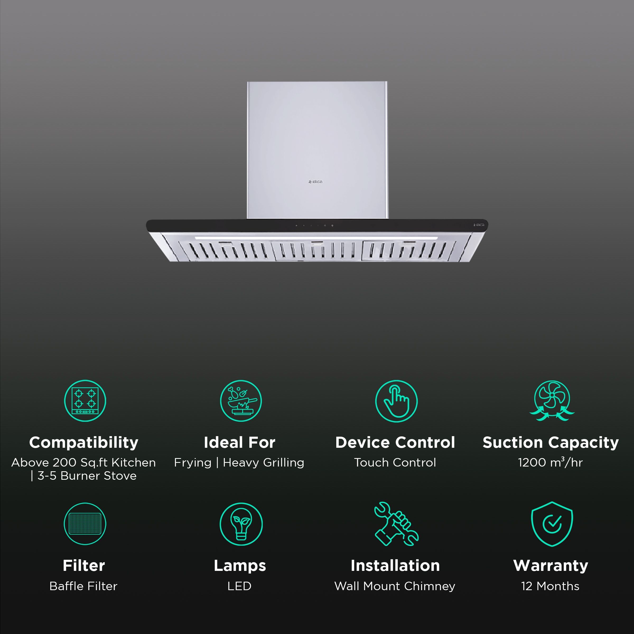 elica GALAXY ETB PLUS LTW 90 T4V LED 90cm 1200m3/hr Ductless Wall Mounted Chimney with Touch Control Panel (Silver)_3