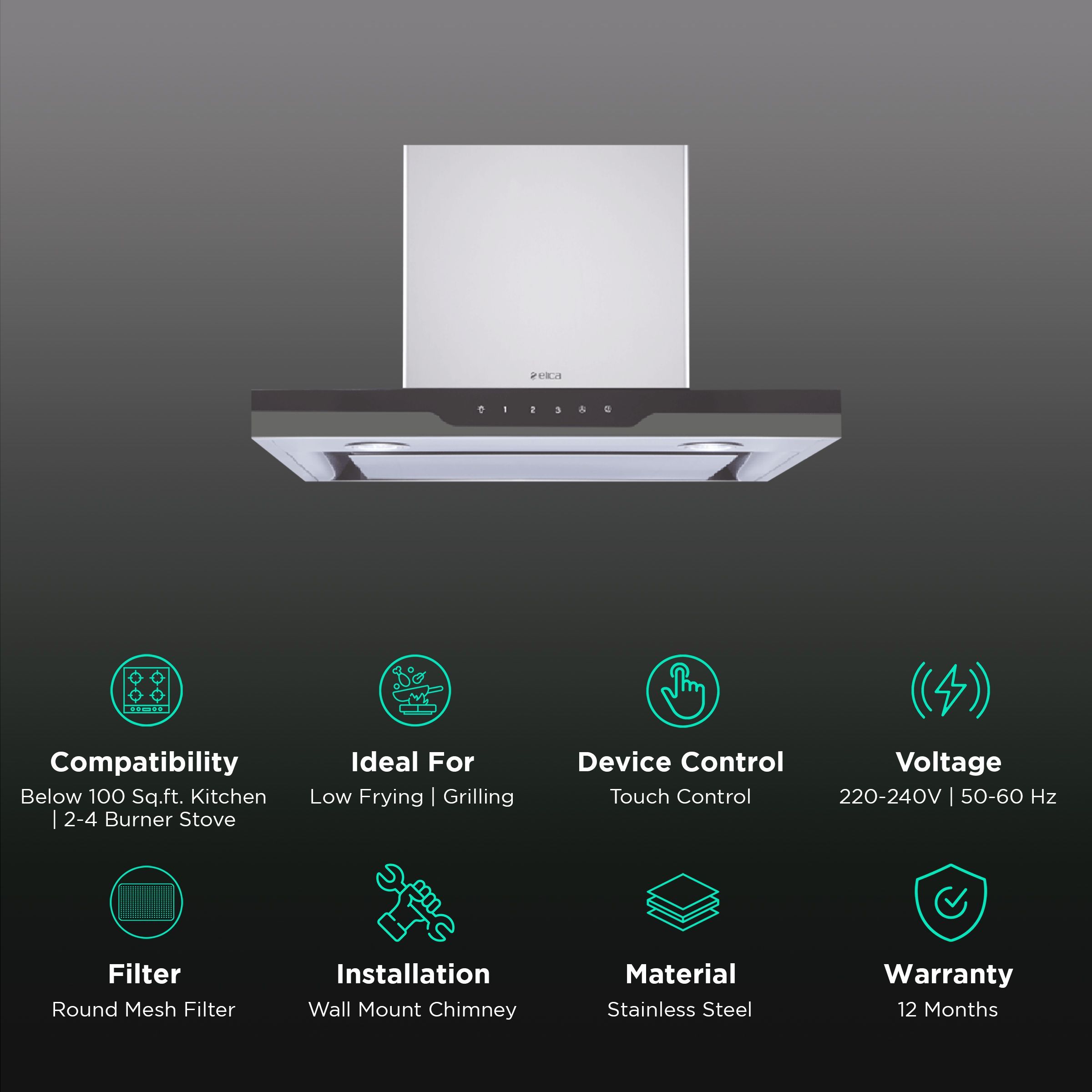 elica METEORITE EDS HE LTW 60 T4V LED 60cm 1010m3/hr Ducted Wall Mounted Chimney with Touch Control Panel (Silver)_3