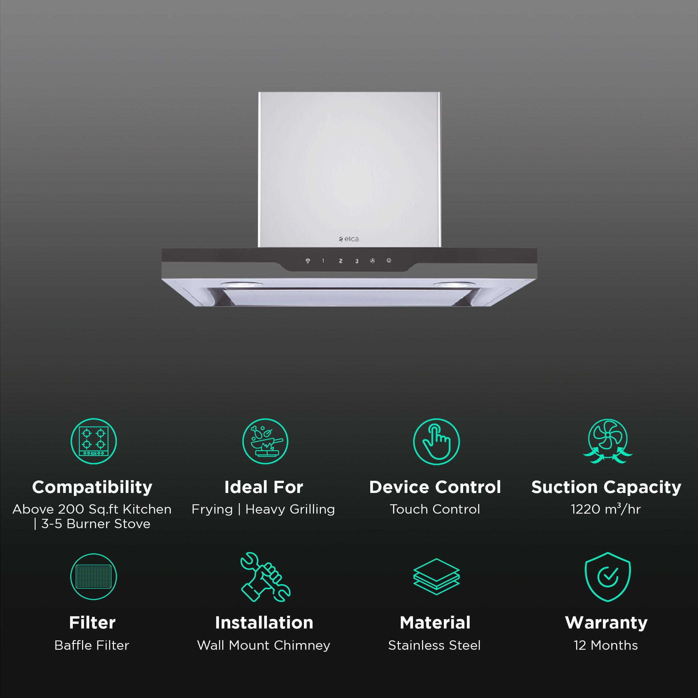 elica METEORITE EDS HE LTW 90 T4V LED 90cm 1220m3/hr Ducted Wall Mounted Chimney with Touch Control Panel (Silver)_3