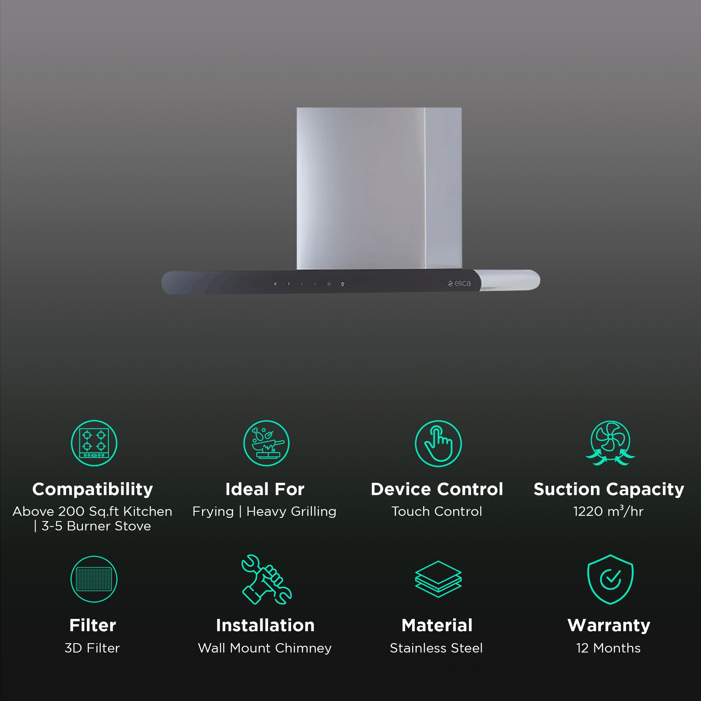 elica GALAXY EDS HE LTW 90 T4V LED 90cm 1220m3/hr Ducted Wall Mounted Chimney with Touch Control Panel (Stainless Steel)_3