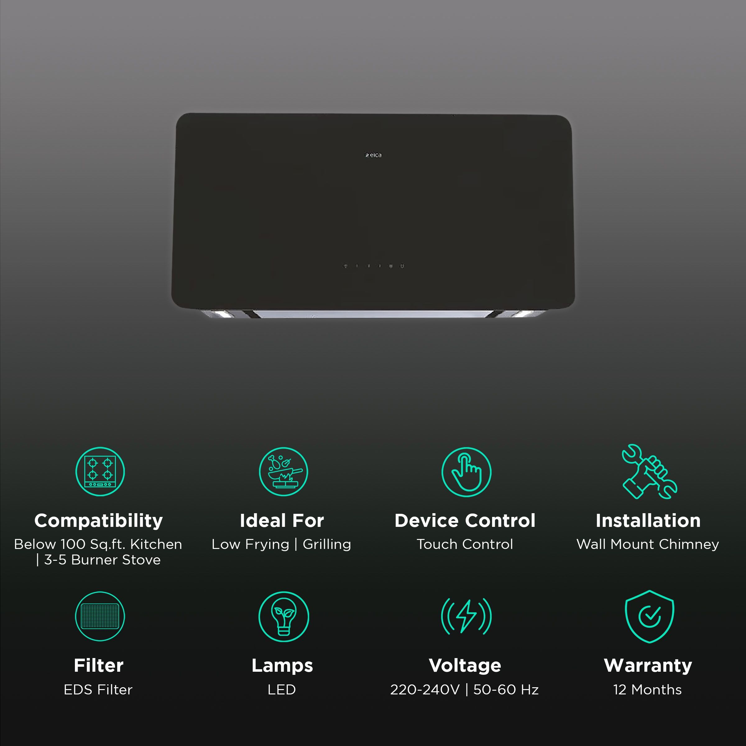 elica KITTY SLIM EDS HE LTW 90 T4V LED 90cm Ducted Wall Mounted Chimney with Touch Control Panel (Black)_3