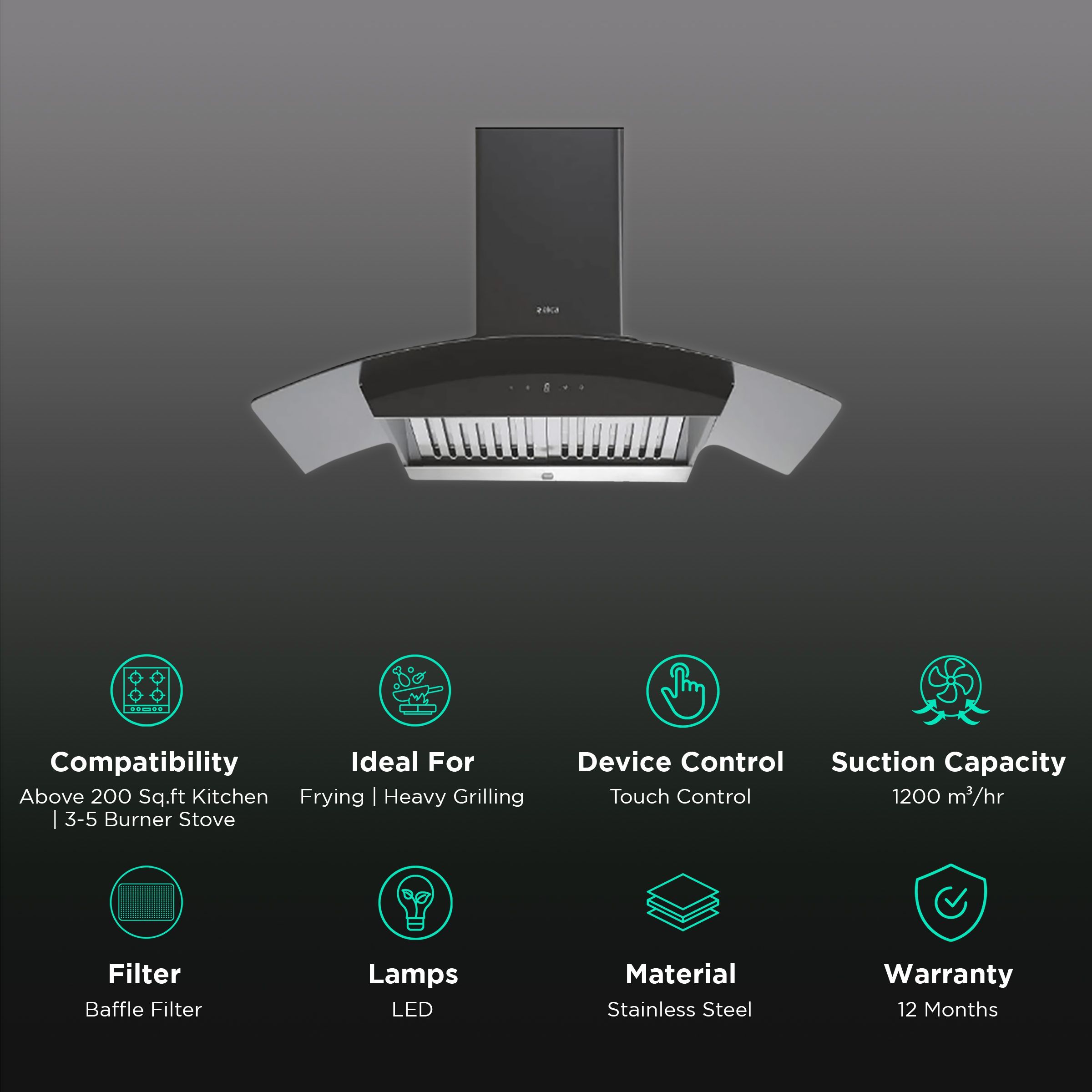 elica WDAT HAC 90 NERO 90cm 1200m3/hr Ductless Auto Clean Wall Mounted Chimney with Touch Control Panel (Black) elica WDAT HAC 90 NERO 90cm 1200m3/hr Ductless Auto Clean Wall Mounted Chimney with Touch Control Panel (Black)_3