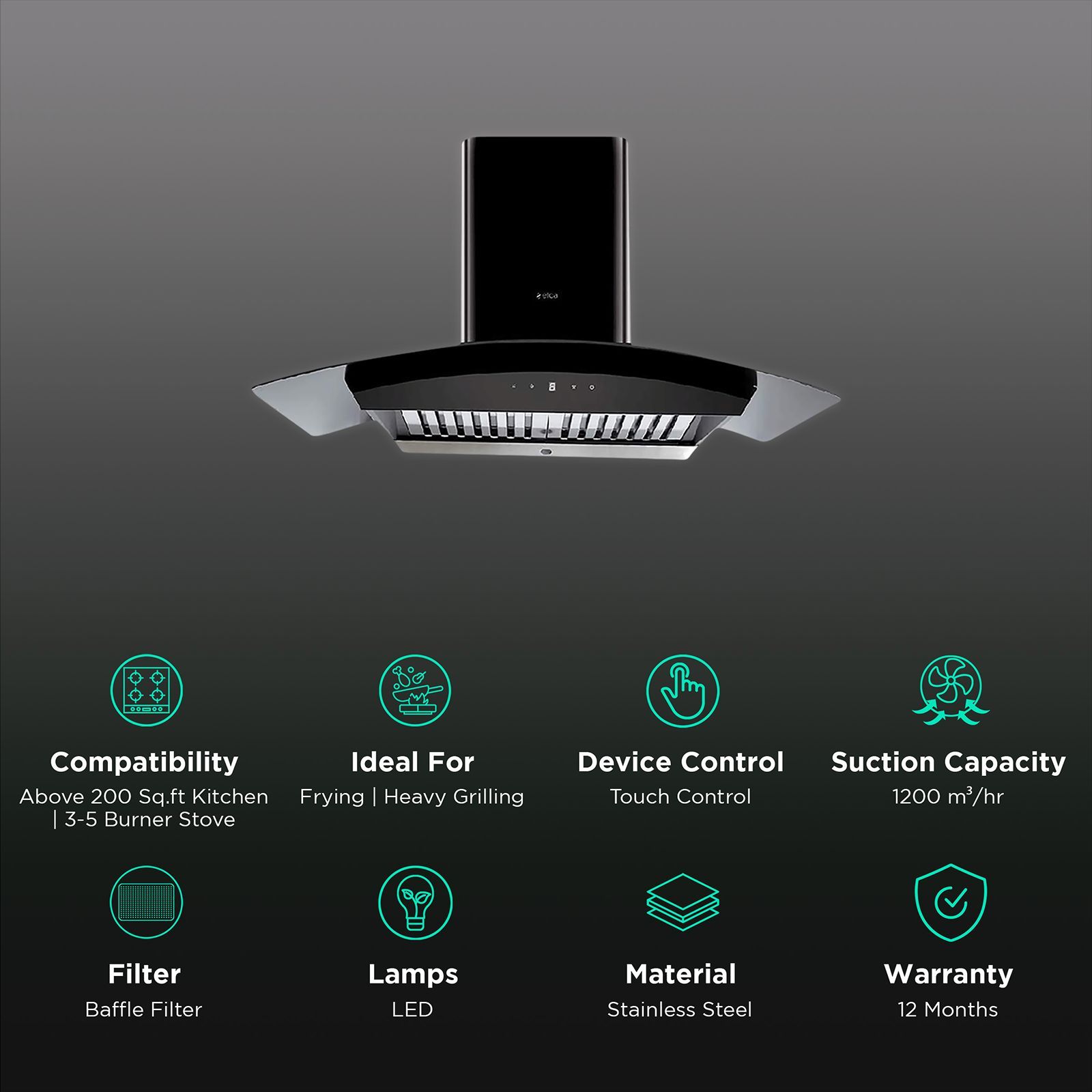 elica WDAT HAC 90 MS NERO 90cm 1200m3/hr Ducted Auto Clean Wall Mounted Chimney with Touch & Motion Sensor Control (Black)_3
