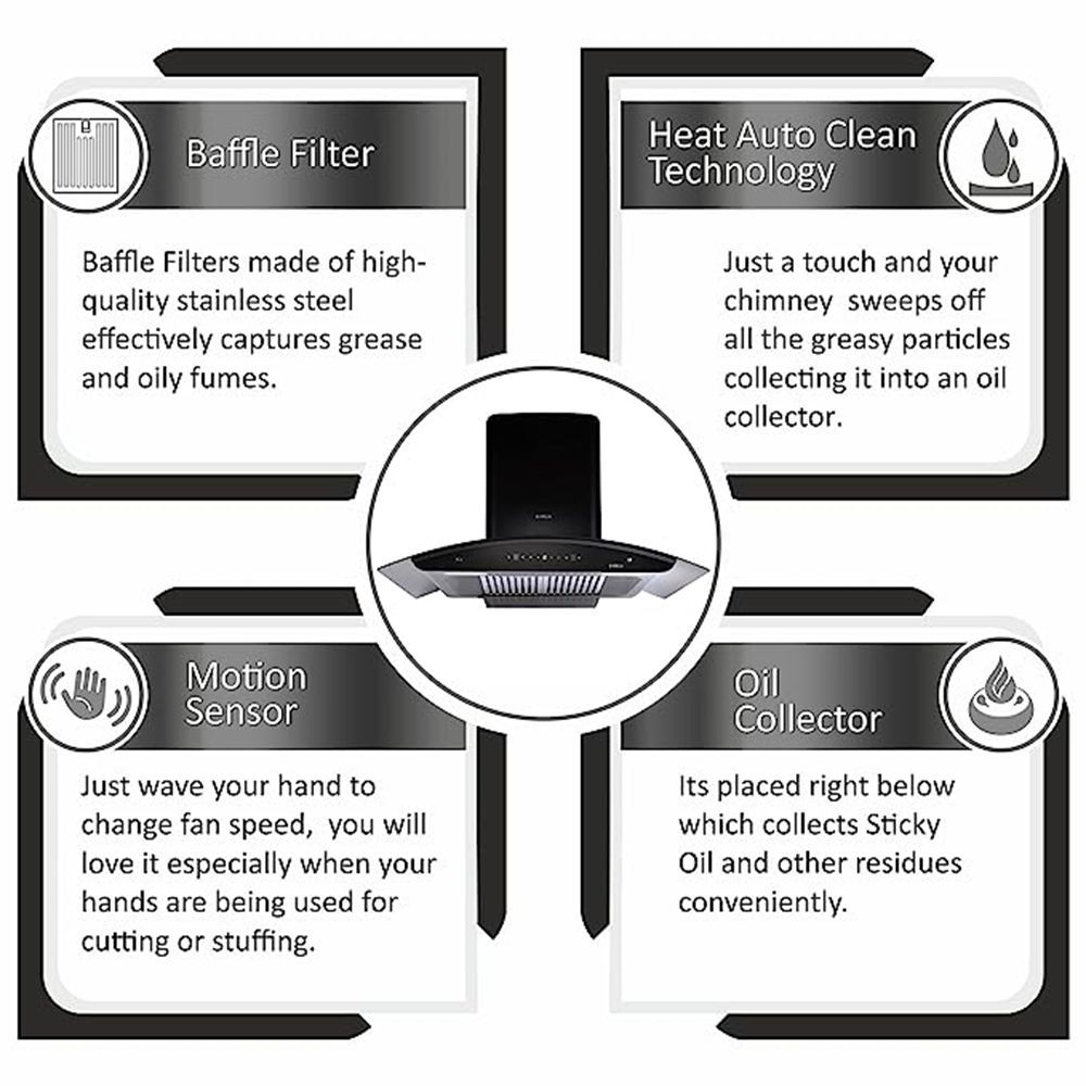elica WD TBF HAC 90 MS NERO 90cm 1500m3/hr Ductless Auto Clean Wall Mounted Chimney with Motion Sensing Technology (Black)_9
