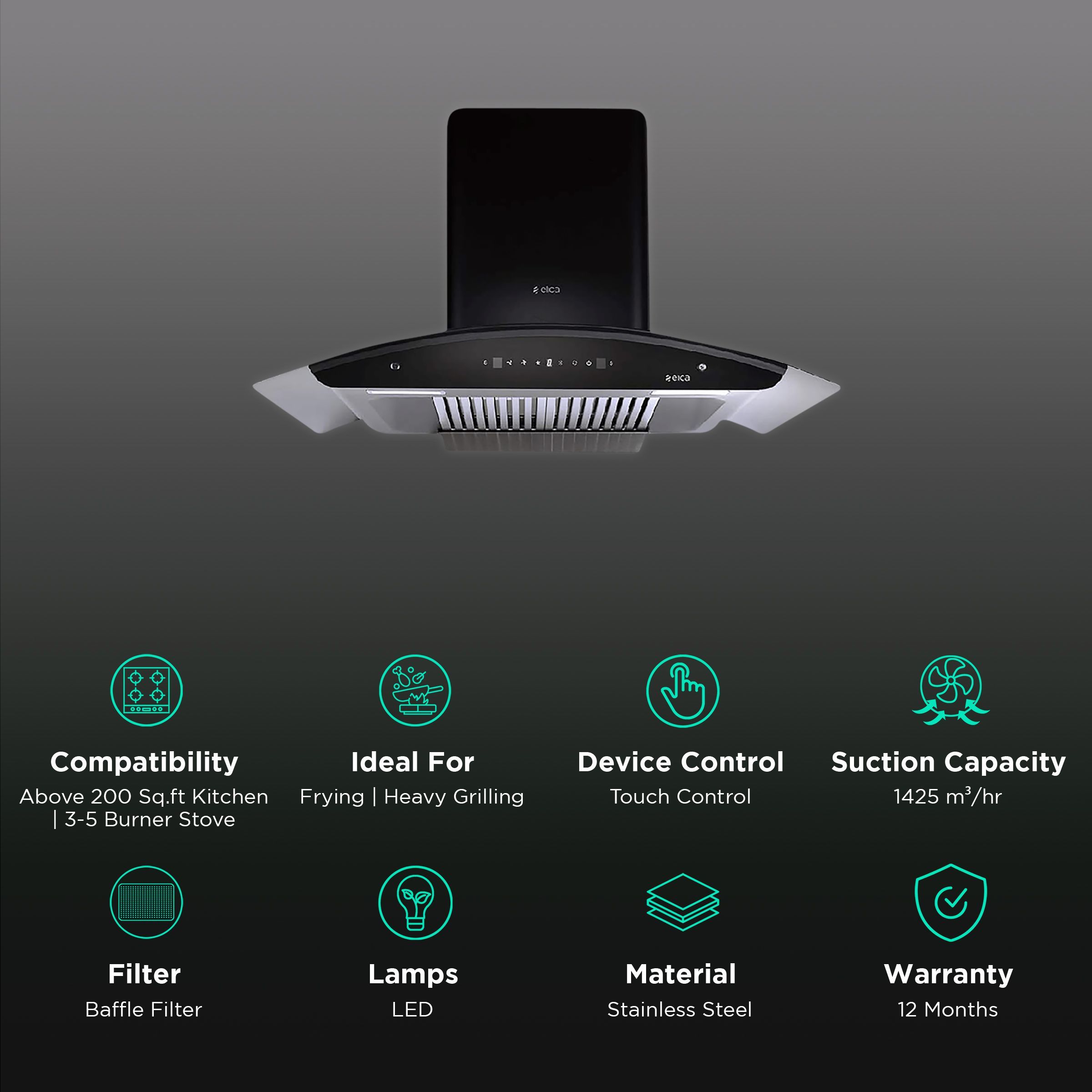 elica WD TBF HAC 90 MS NERO 90cm 1500m3/hr Ductless Auto Clean Wall Mounted Chimney with Motion Sensing Technology (Black)_3