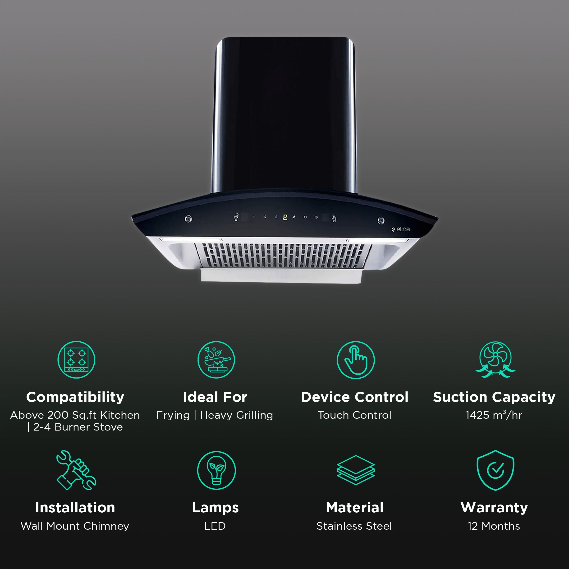 elica WD TFL HAC 60 MS NERO 60cm 1425m3/hr Ducted Auto Clean Wall Mounted Chimney with Touch Control Panel (Black)_3