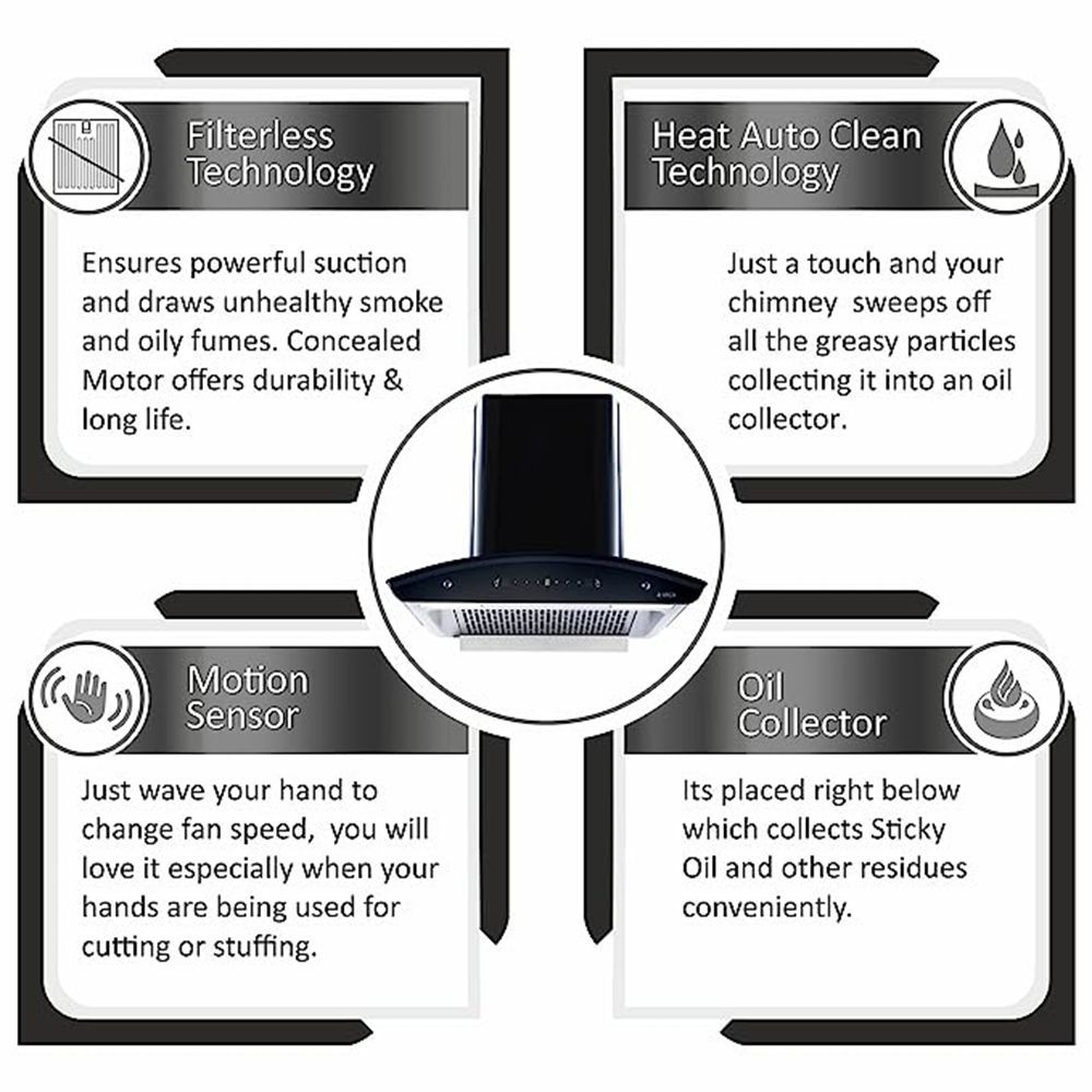 elica WD TFL HAC 60 MS NERO 60cm 1425m3/hr Ducted Auto Clean Wall Mounted Chimney with Touch Control Panel (Black)_6