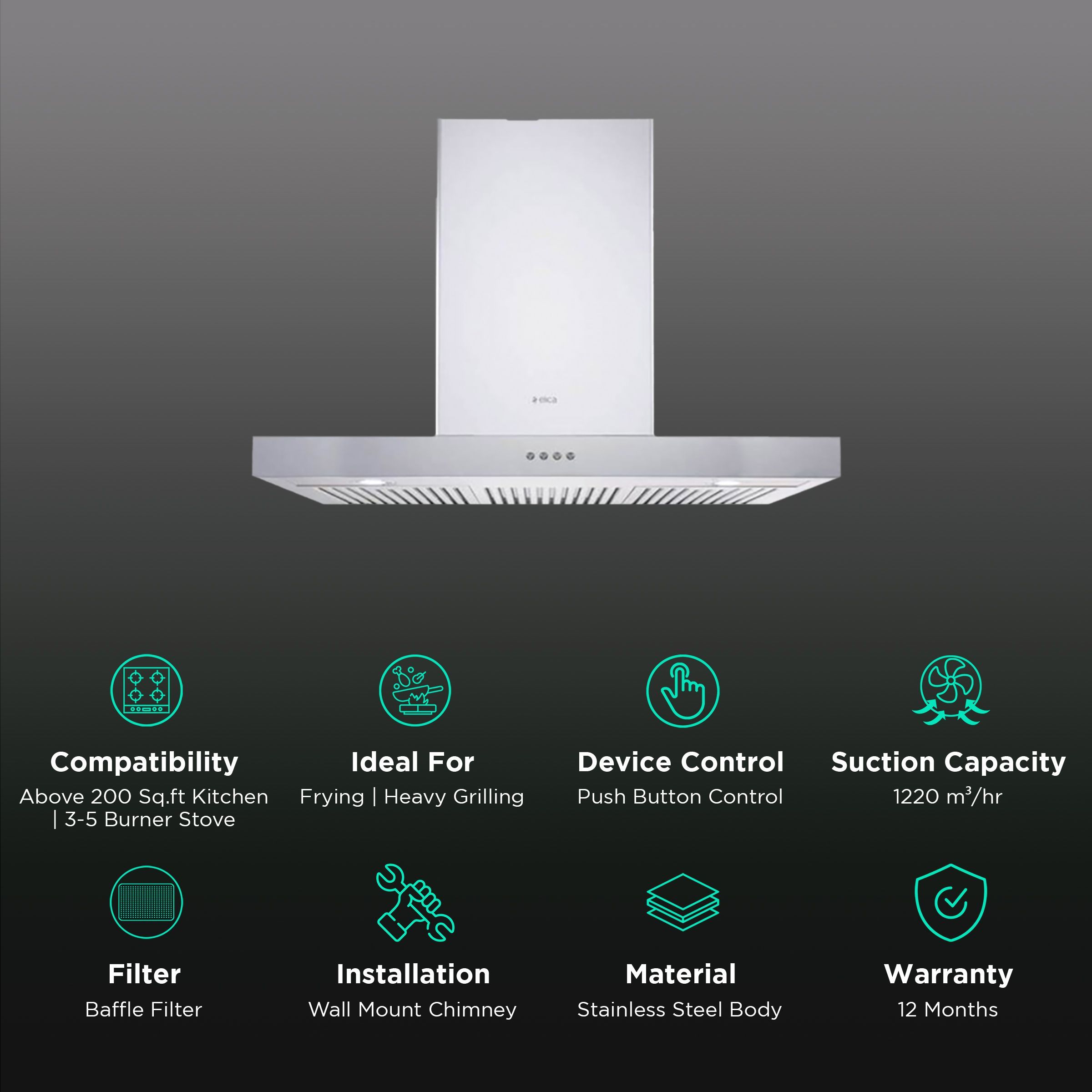 elica SPOT NG ETB PLUS LTW 90 PB LED 90cm 1220m3/hr Ducted Wall Mounted Chimney with Push Button Control (Silver)_3