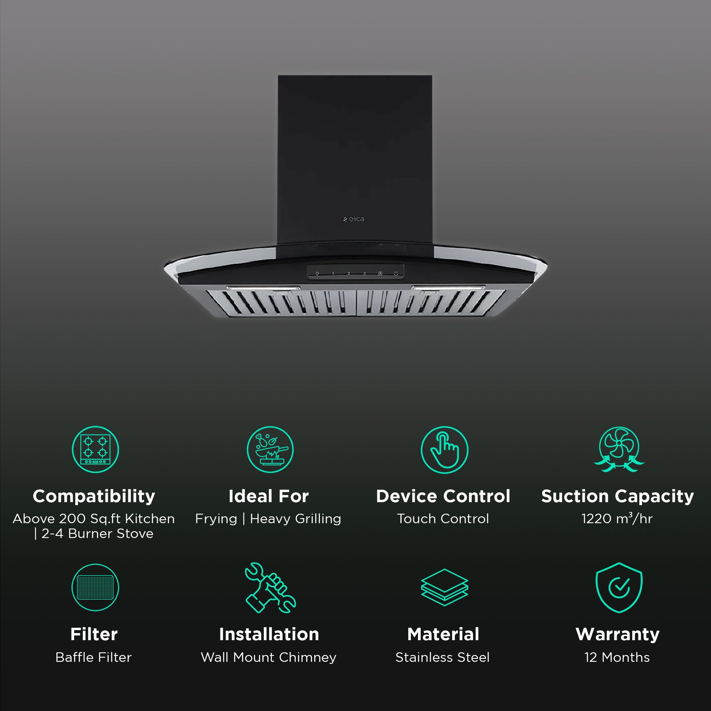 elica GLACE TF TRIM ETB PLUS LTW 60 NERO T4V LED 60cm 1220m3/hr Ducted Wall Mounted Chimney with Touch Control Panel (Black)_3