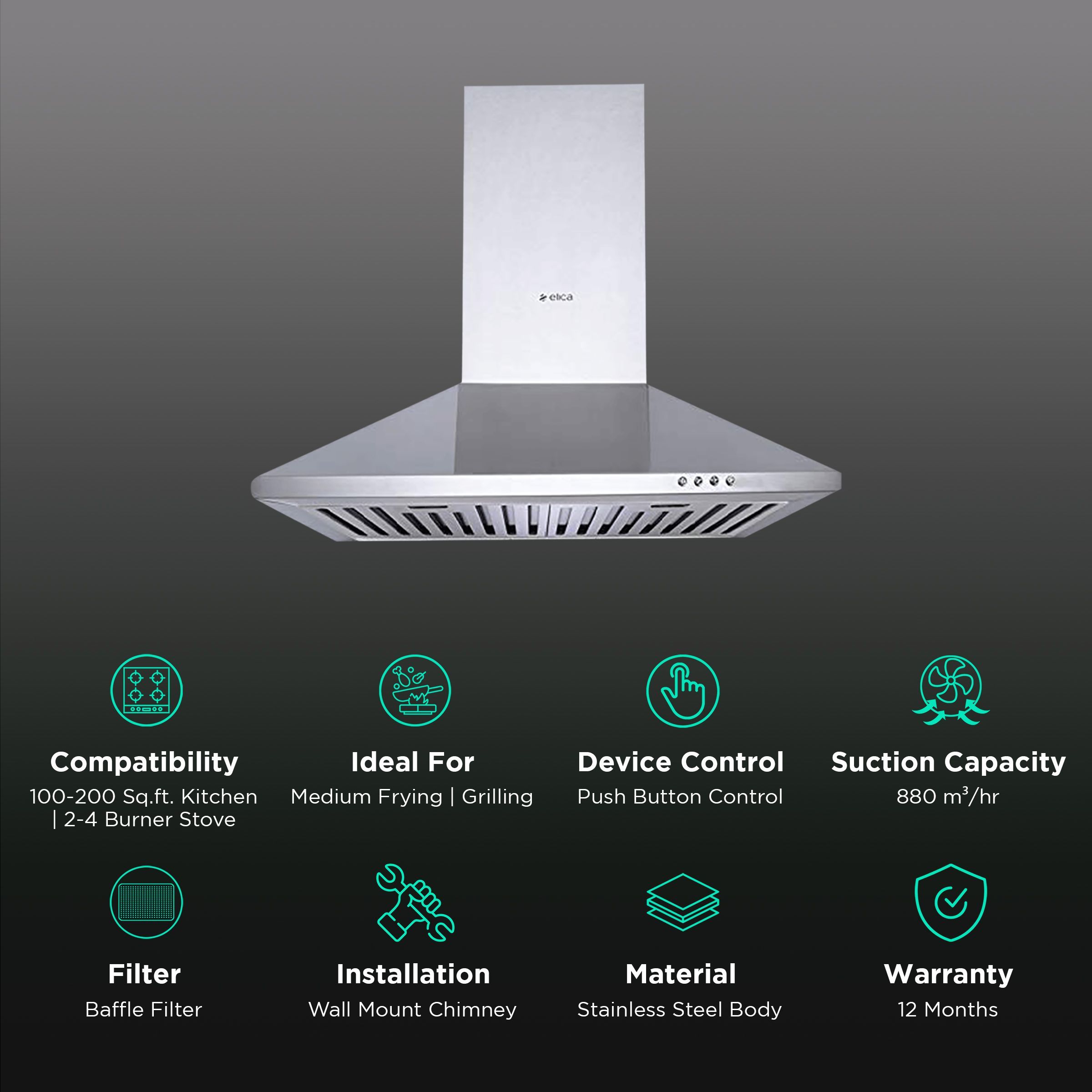 elica STRIP BF 60 SS 60cm 880m3/hr Ductless Wall Mounted Chimney with Push Button Control (Silver)_3