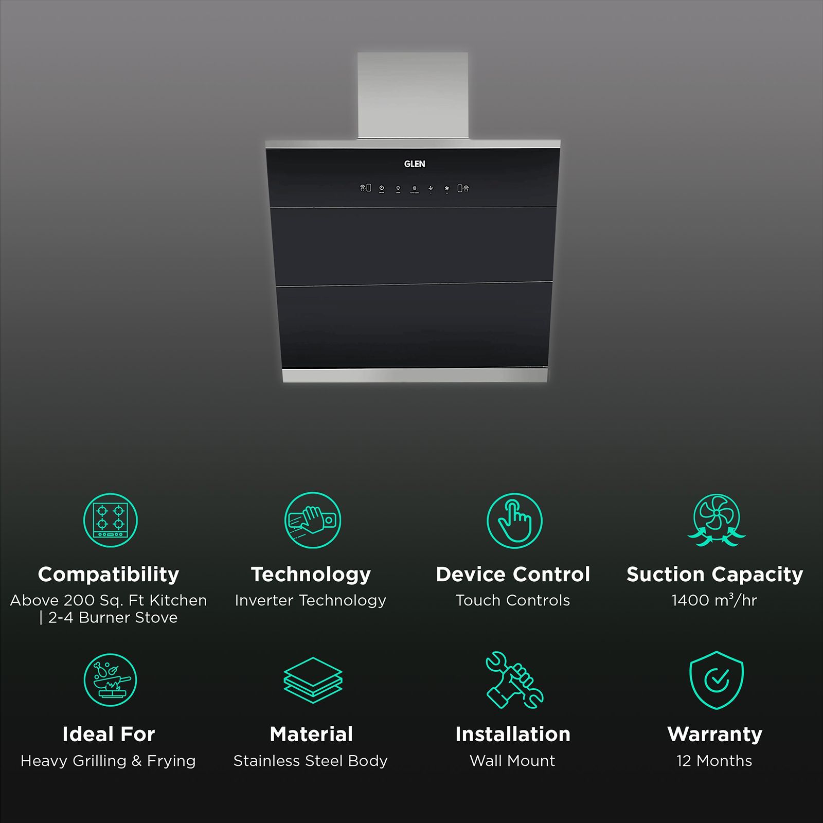 GLEN GL 6073 BL ACLN MS 60cm 1400m3/hr Ducted Auto Clean Wall Mounted Chimney with Touch Control Panel (Black)_3