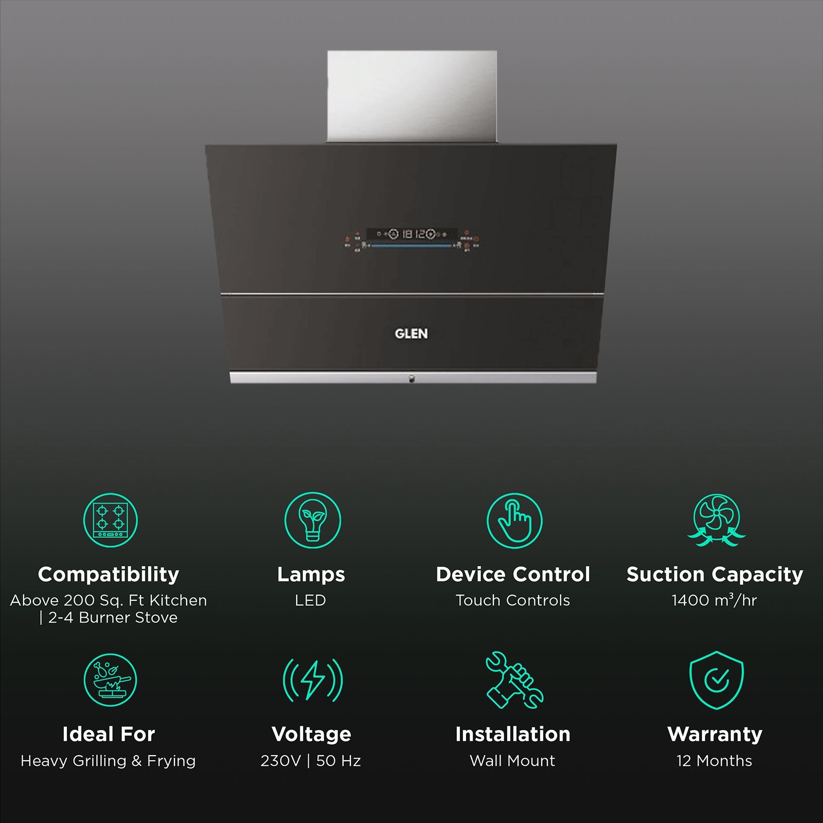 GLEN GL 6074 BL ACLN MS 60cm 1400m3/hr Ducted Auto Clean Wall Mounted Chimney with Touch Control Panel (Black)_3