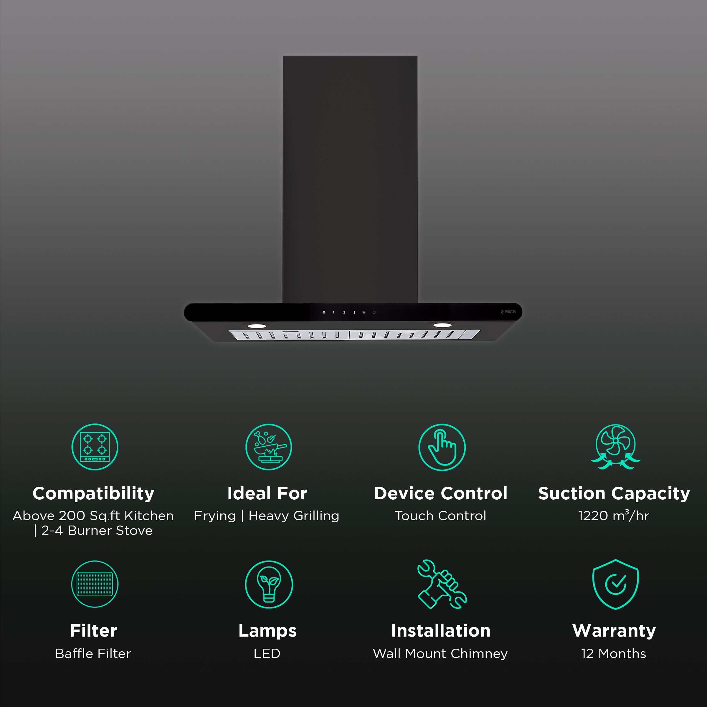 elica GALAXY ETB PLUS LTW 60 NERO T4V LED 60cm 1220m3/hr Ducted Wall Mounted Chimney with Touch Control Panel (Black)_3