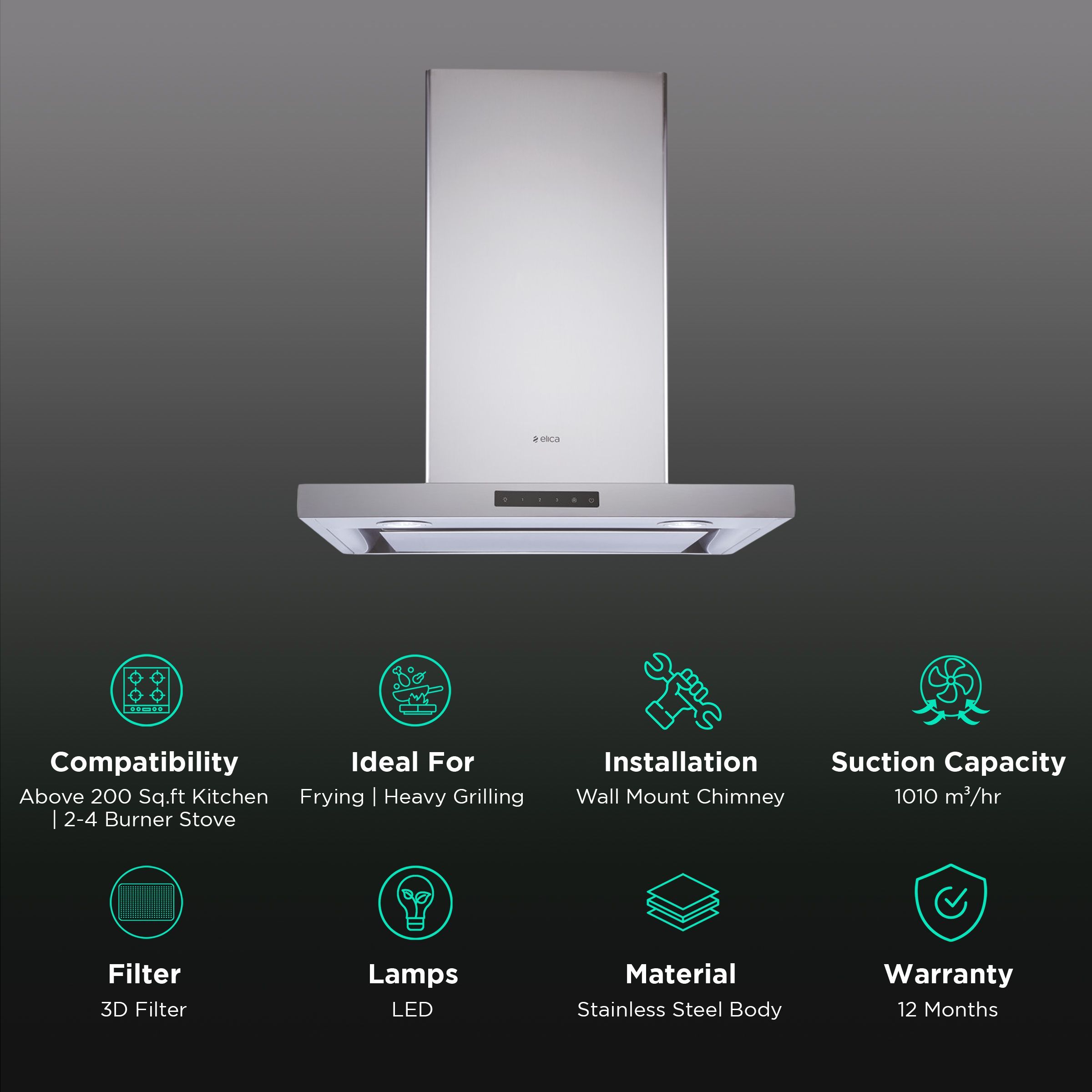 elica SPOT H4 TRIM EDS PLUS HE LTW T4V LED 60cm 1010m3/hr Ducted Wall Mounted Chimney with EDS3 Technology (Silver)_3