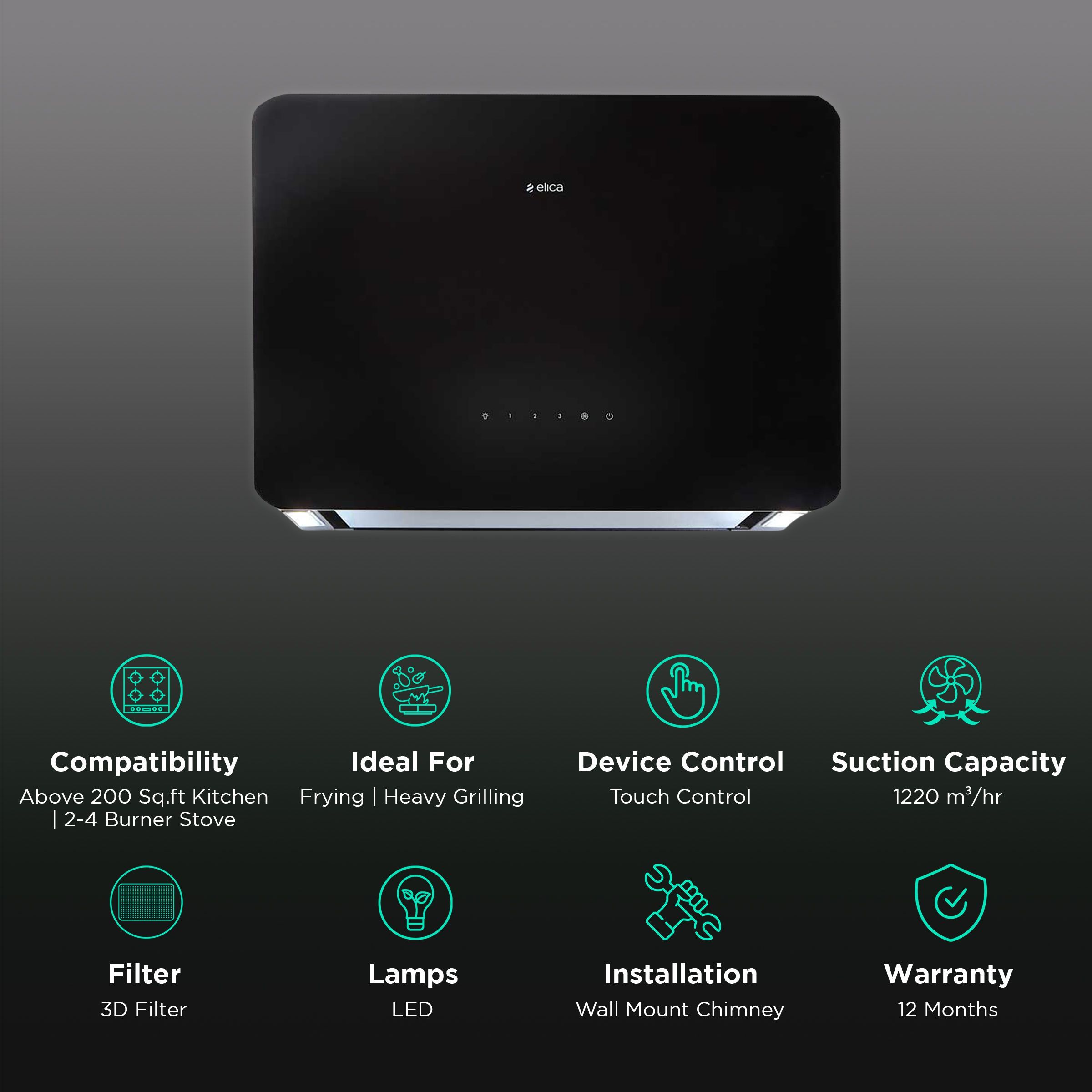 elica KITTY SLIM EDS PLUS HE LTW 60 T4V LED 60cm 1220m3/hr Ducted Wall Mounted Chimney with Touch Control Panel (Black)_3