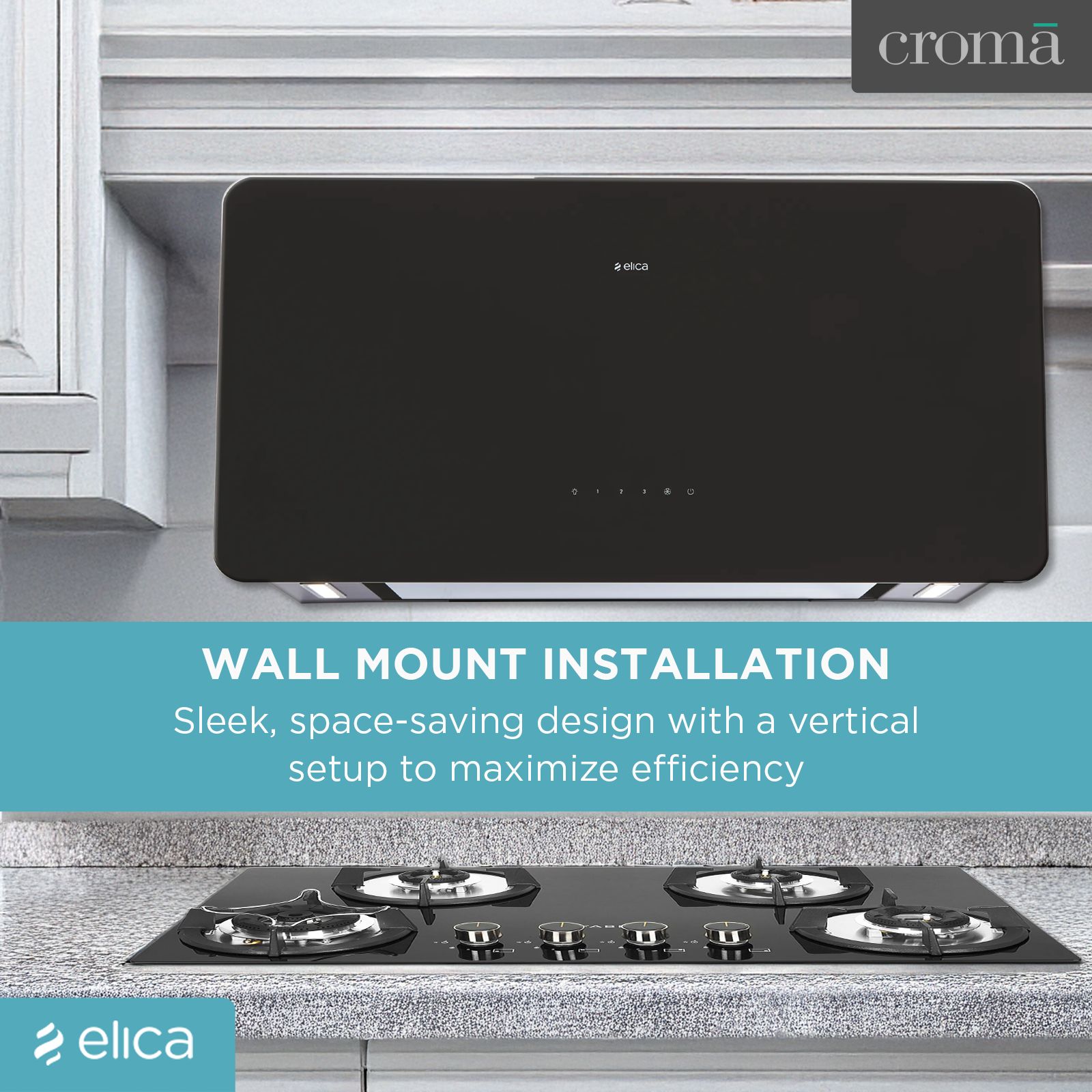 elica KITTY SLIM EDS PLUS HE LTW 90 T4V LED 90cm 1220m3/hr Ducted Wall Mounted Chimney with Touch Control Panel (Black)_8