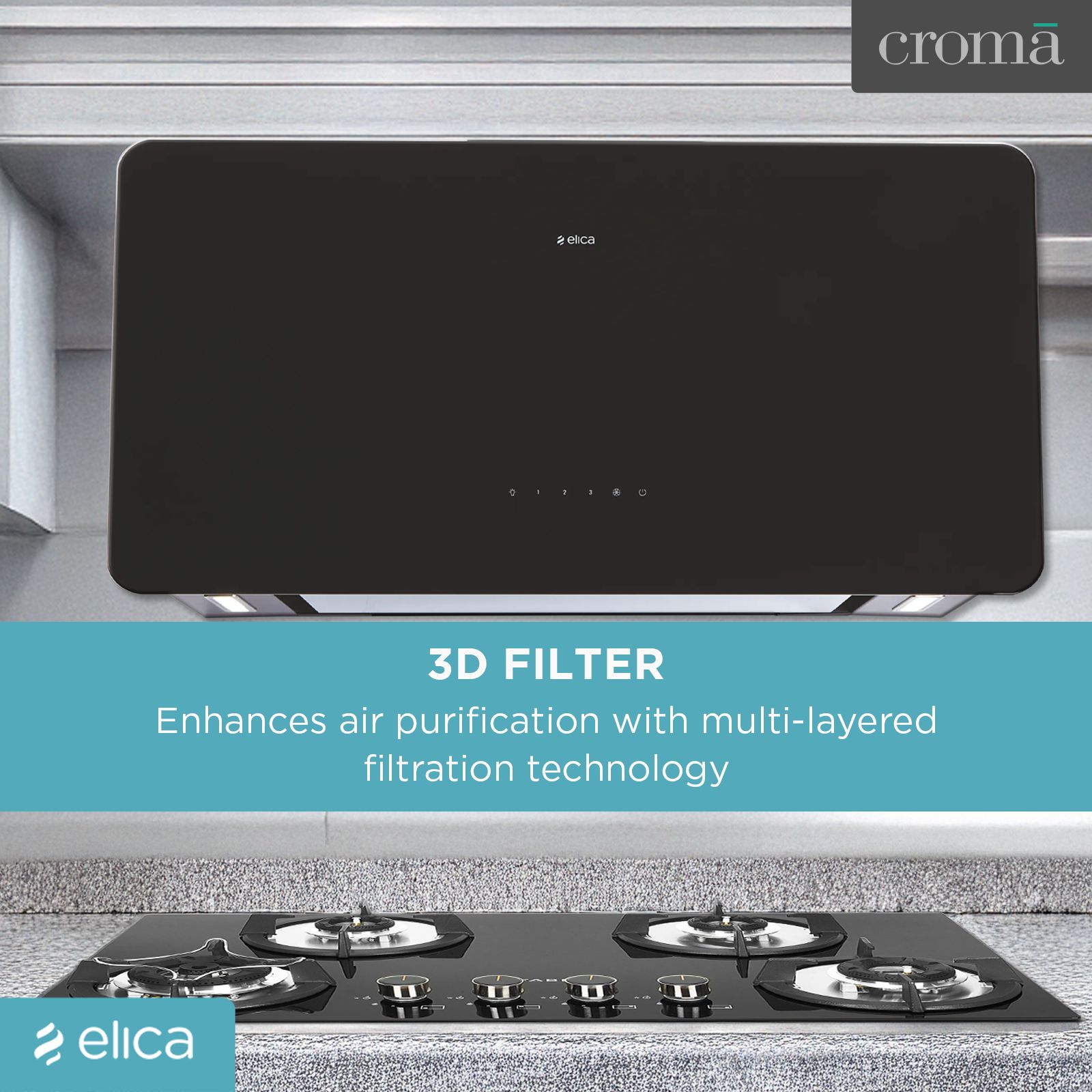 elica KITTY SLIM EDS PLUS HE LTW 90 T4V LED 90cm 1220m3/hr Ducted Wall Mounted Chimney with Touch Control Panel (Black)_9