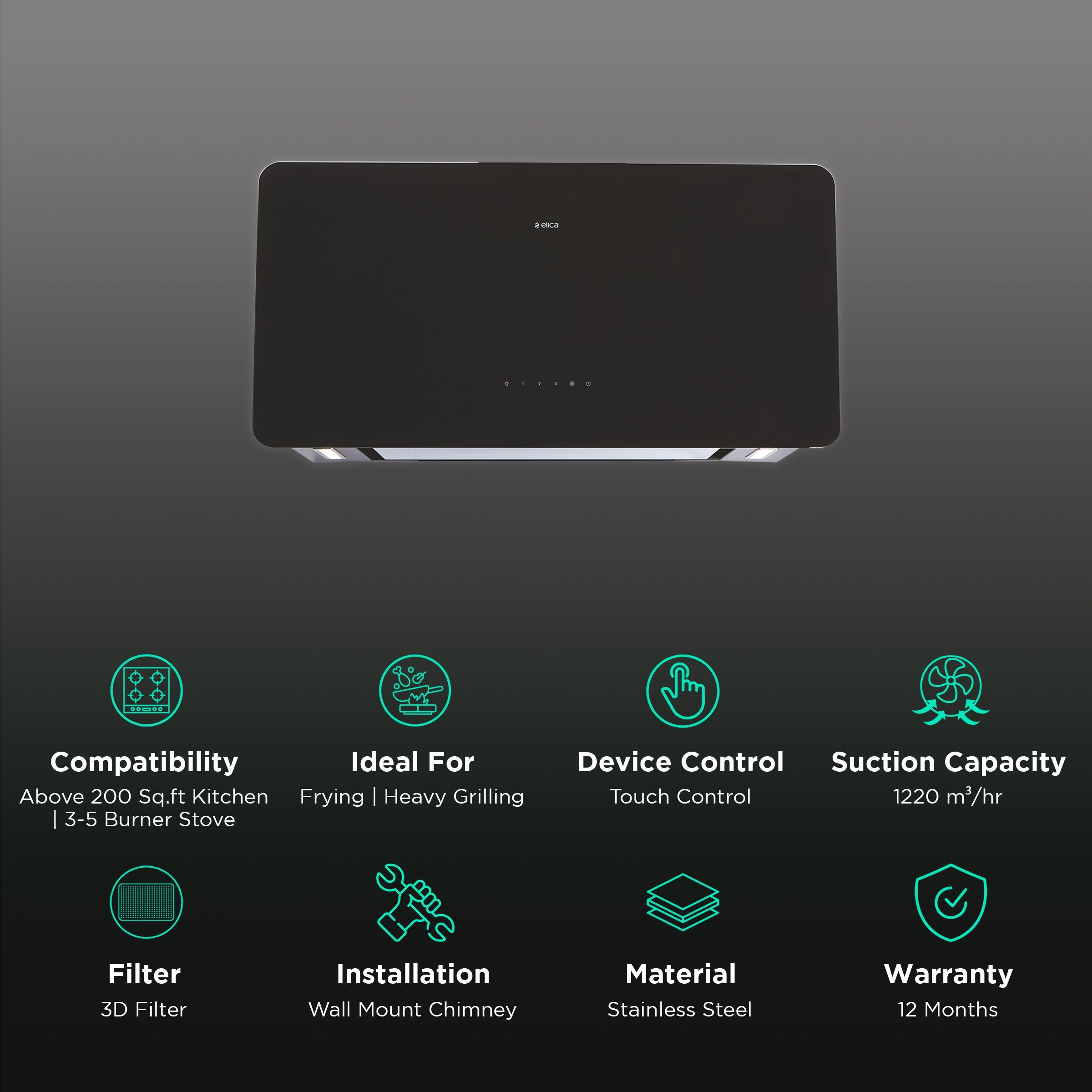 elica KITTY SLIM EDS PLUS HE LTW 90 T4V LED 90cm 1220m3/hr Ducted Wall Mounted Chimney with Touch Control Panel (Black)_3