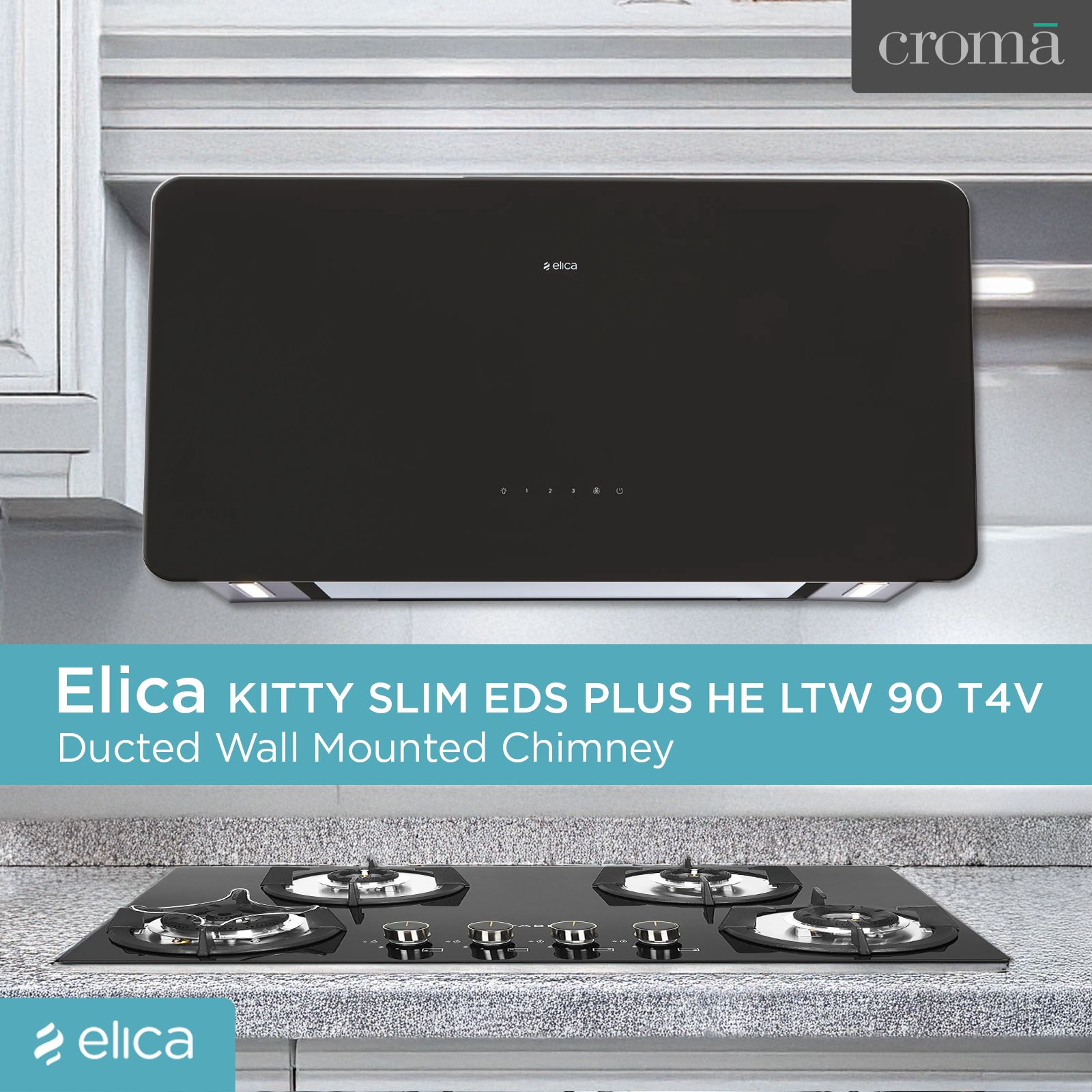 elica KITTY SLIM EDS PLUS HE LTW 90 T4V LED 90cm 1220m3/hr Ducted Wall Mounted Chimney with Touch Control Panel (Black)_4