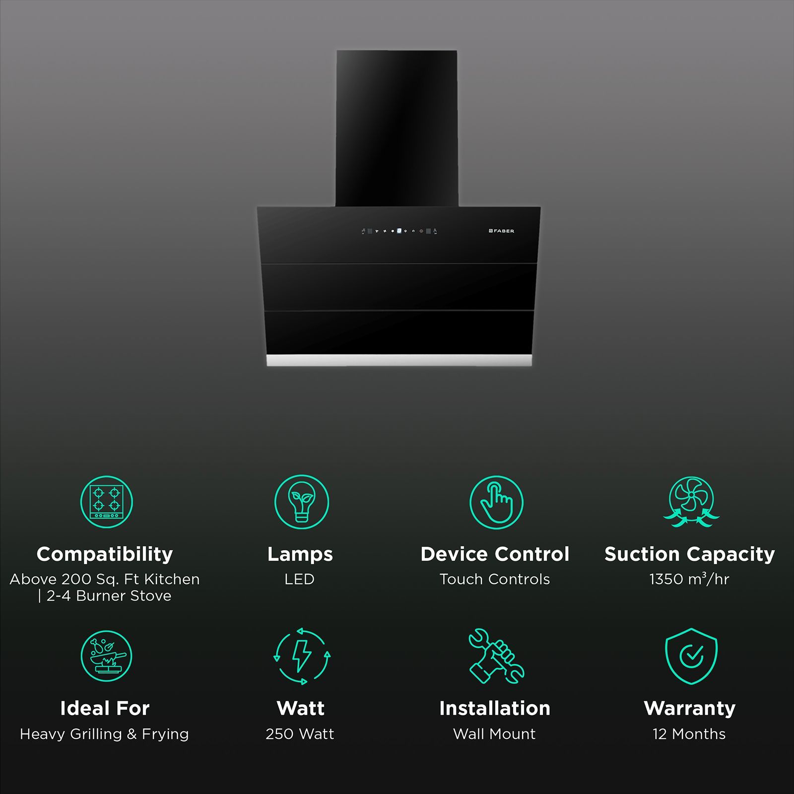 FABER ZENITH FL SC AC BK 60cm 1350m3/hr Ducted Auto Clean Wall Mounted Chimney with Touch Control (Black)_3